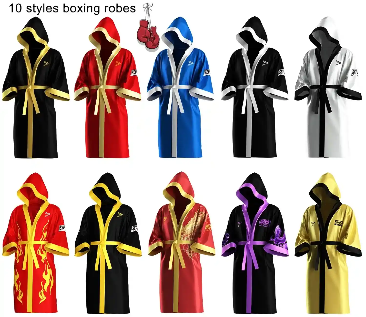 10 styles boxing robes. Can customize your brand / team / club colors or image design.