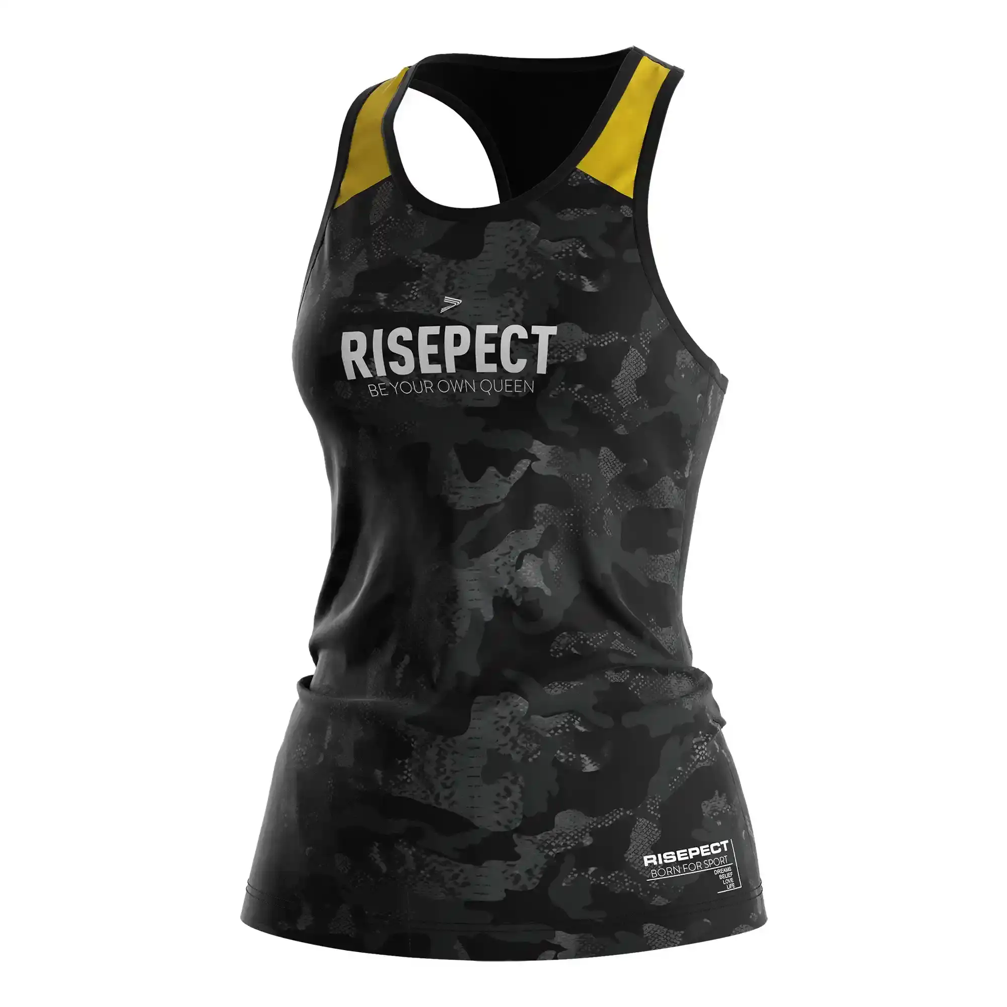 
                Black Camo Yellow Trim Sports Tank Top Women's Sport Tank Top