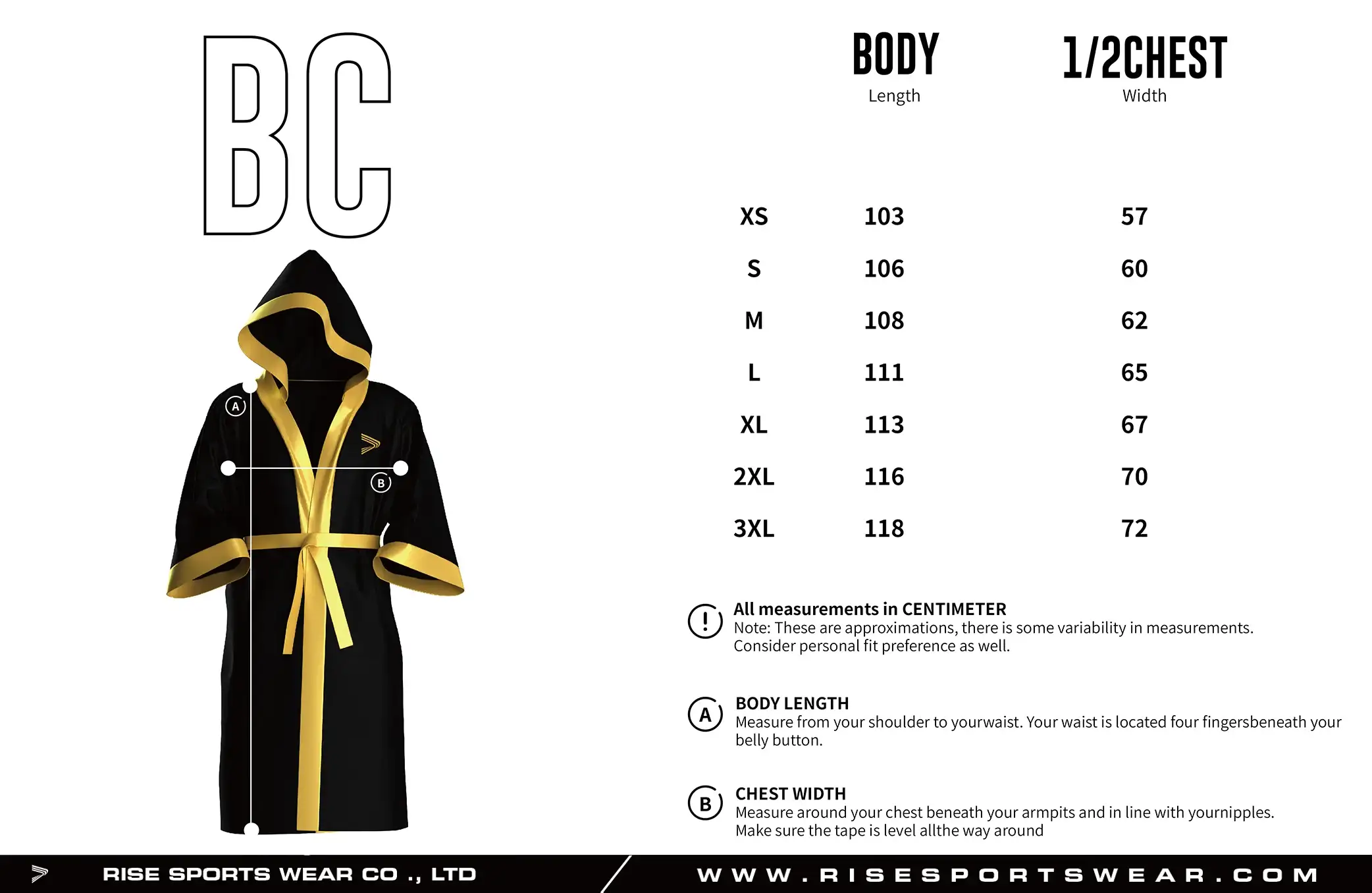 Use adult sizes chart provided by Rise Sportswear, or custom your brand, team, and club addult sizes chart for red boxing robe with gold trim.