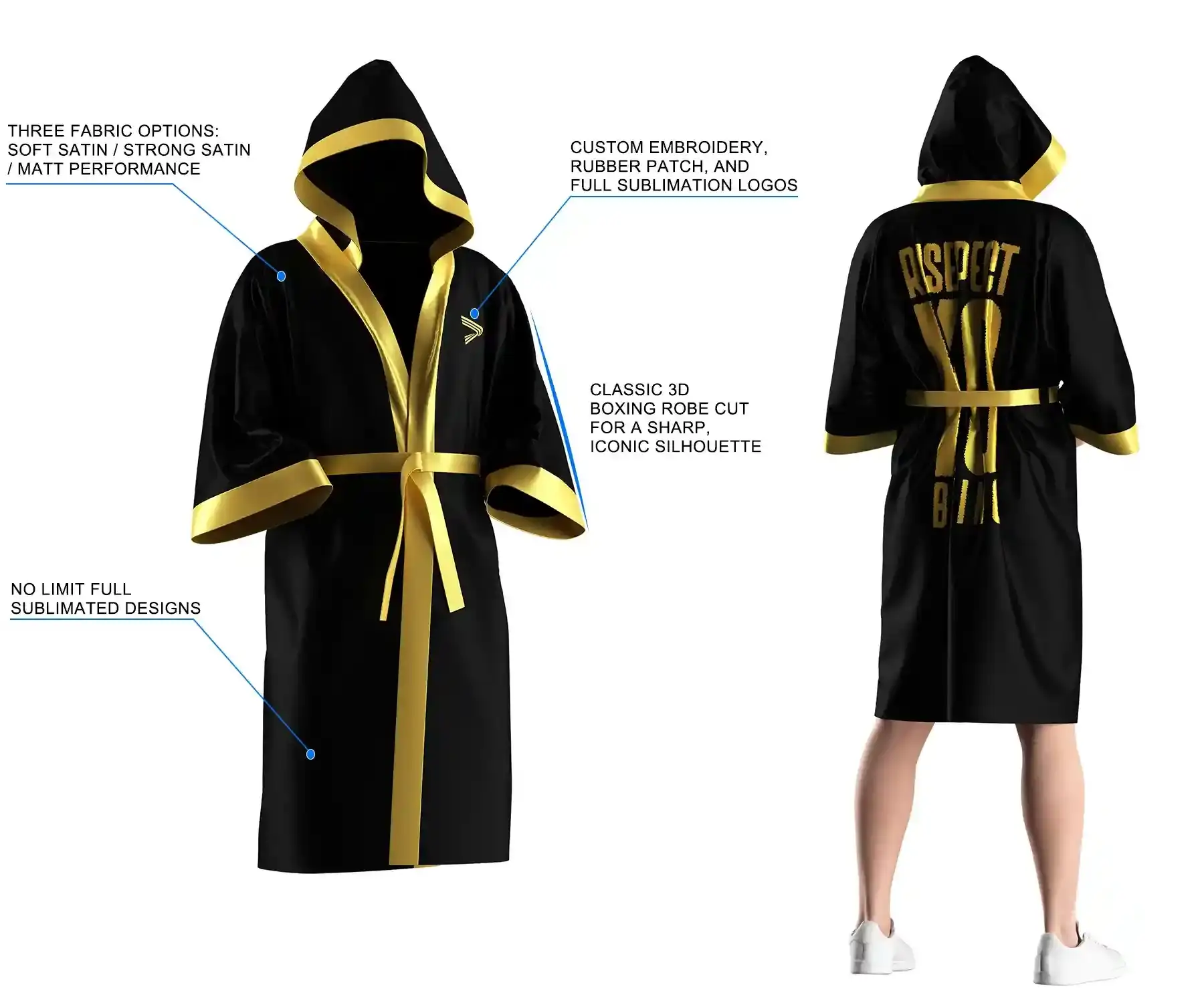 Red boxing robe with gold trim shown from front and back, with text callouts highlighting 3D classic robe cut, three fabric options, full‑sublimation design, and customizable logos.