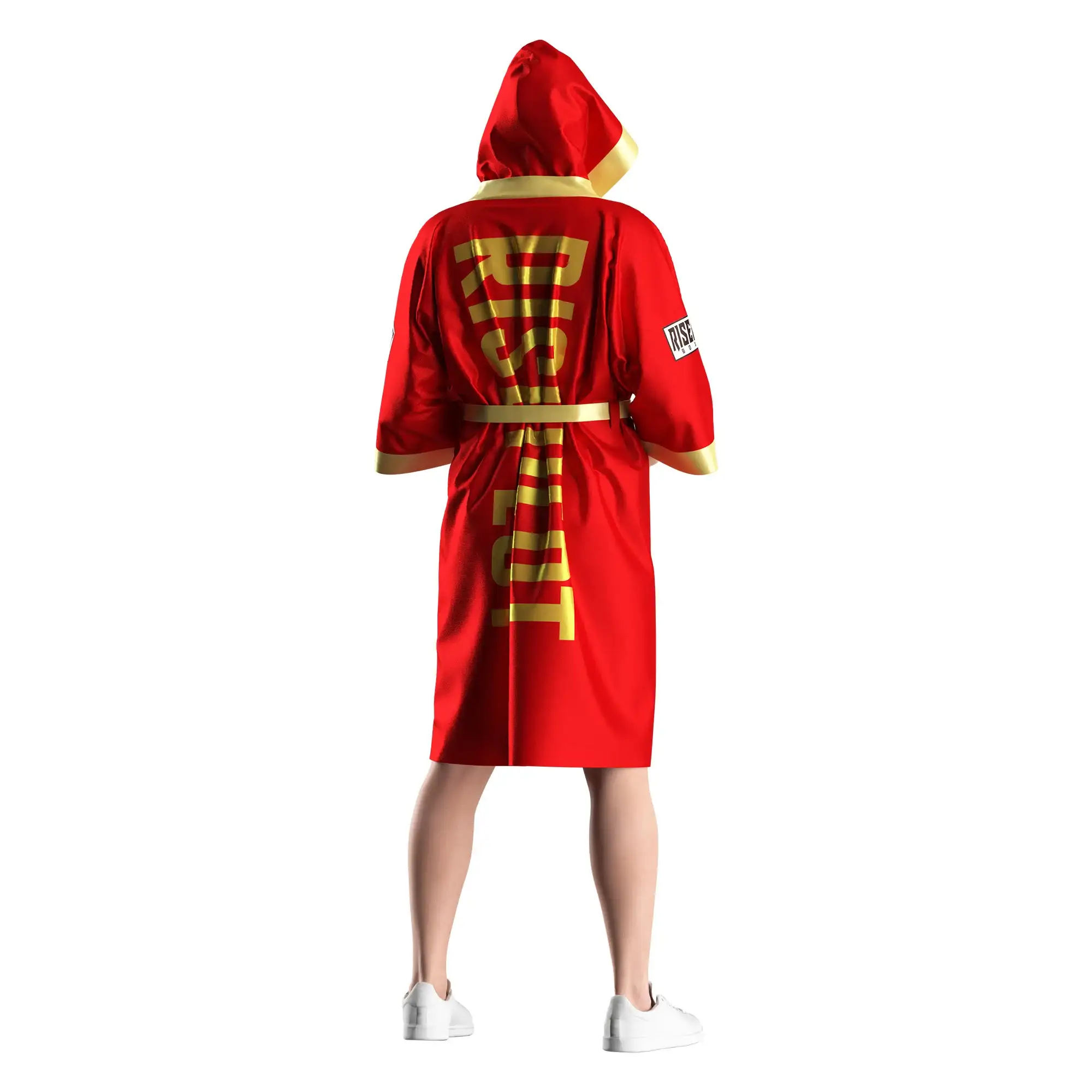 
                Custom Red & Gold Boxing Robe with Traditional Satin Shine