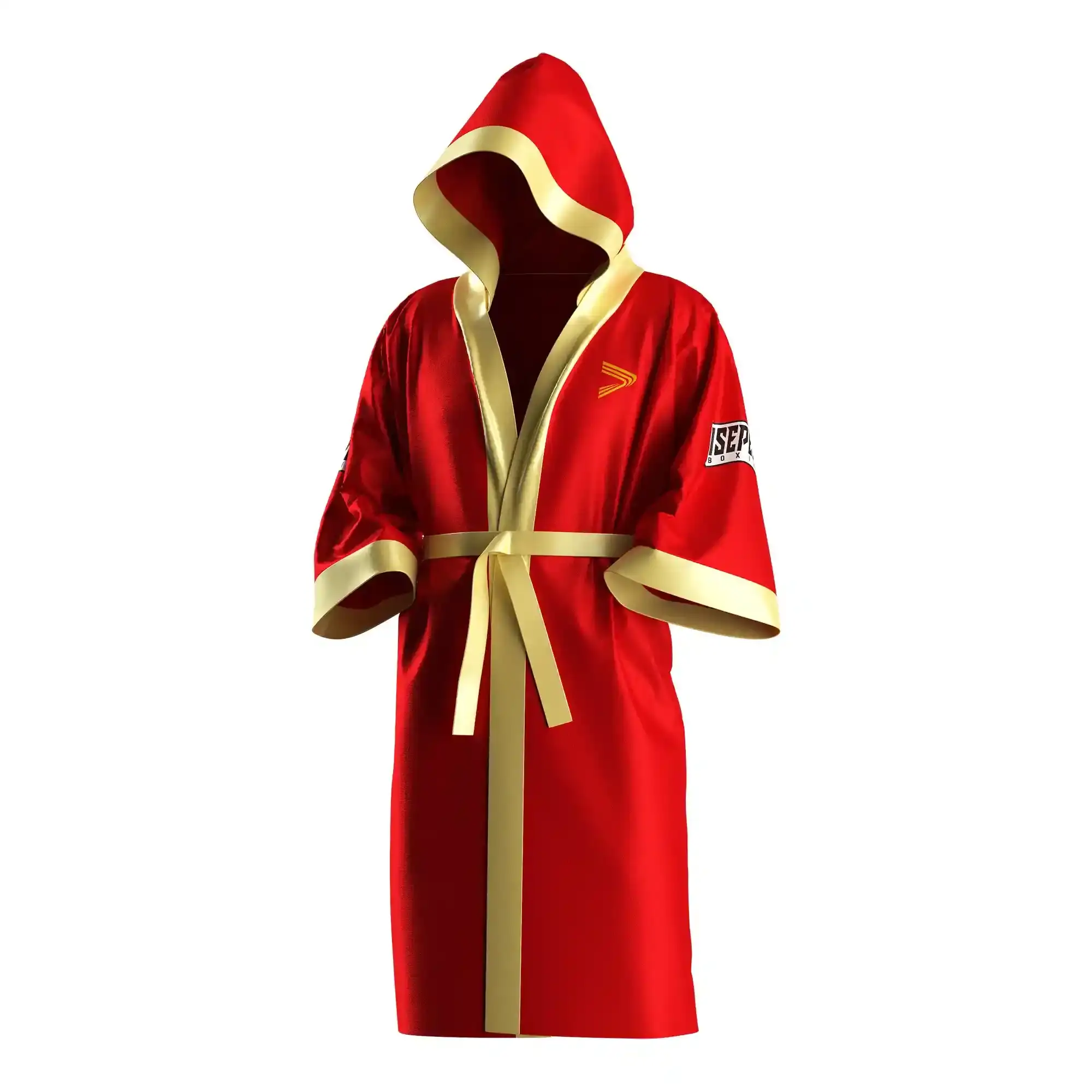 
                Custom Red & Gold Boxing Robe with Traditional Satin Shine