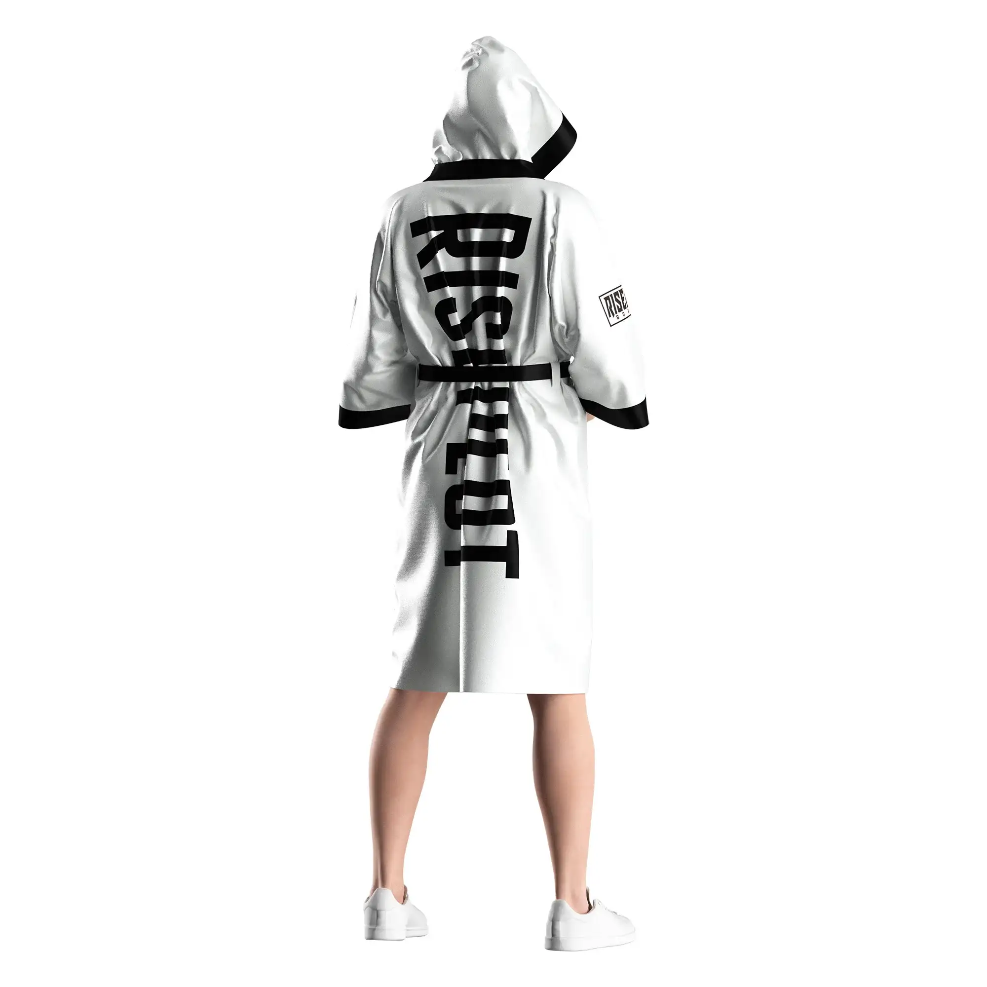 
                White & Black Boxing Robe with Pro Satin Detailing Custom Bulk