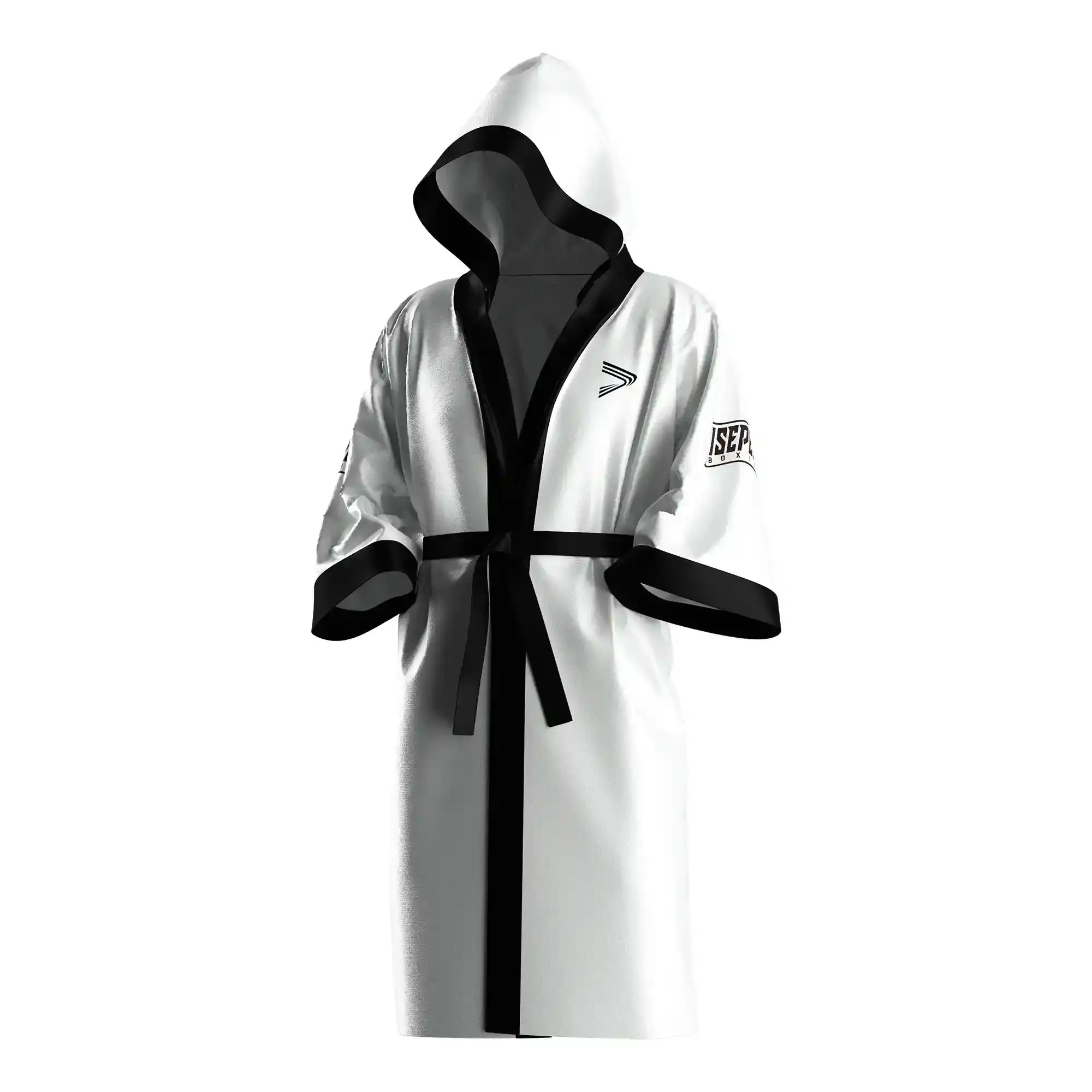 
                White & Black Boxing Robe with Pro Satin Detailing Custom Bulk