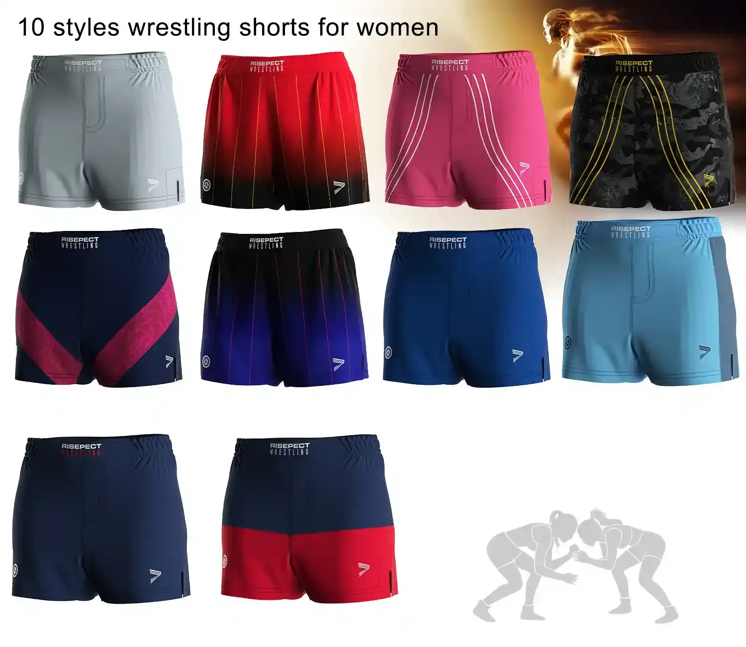 Display of 10 matching women's wrestling shorts
