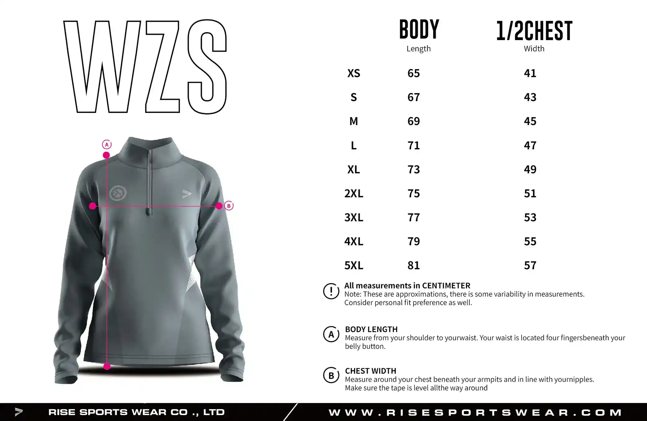 Use women's sizes chart provided by Rise Sportswear, or custom your brand, team and club women's sizes chart for women's quarter zip pullover warmup top.