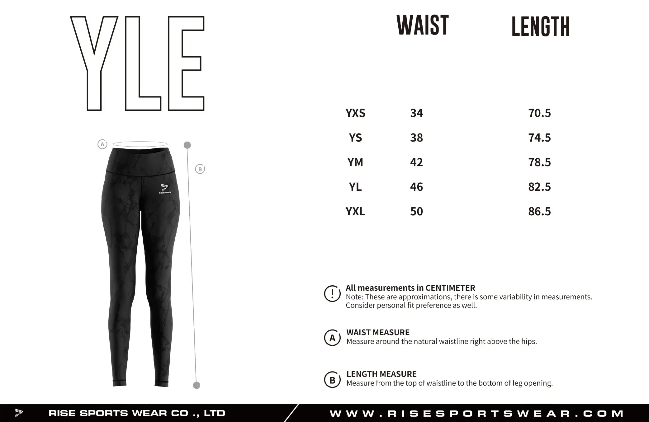 Use youth sports leggings sizes chart provided by Rise Sportswear, or custom your own brand, team or club youth sizes chart for women's sports leggings.
