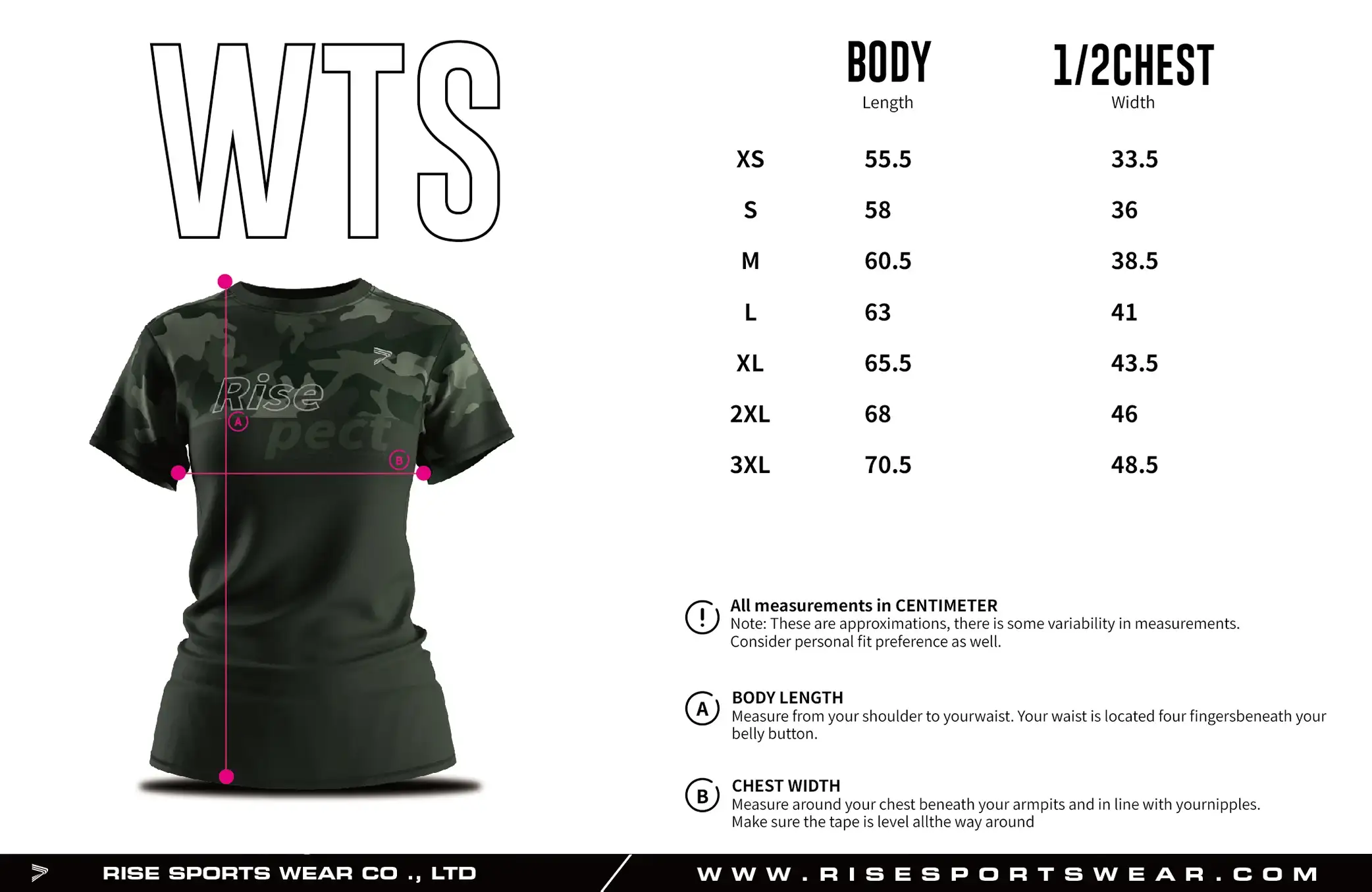 Use women's sports t shirt provided by Rise Sportswear, or custom your own brand, club or team sizes chart for women's sports t shirt.