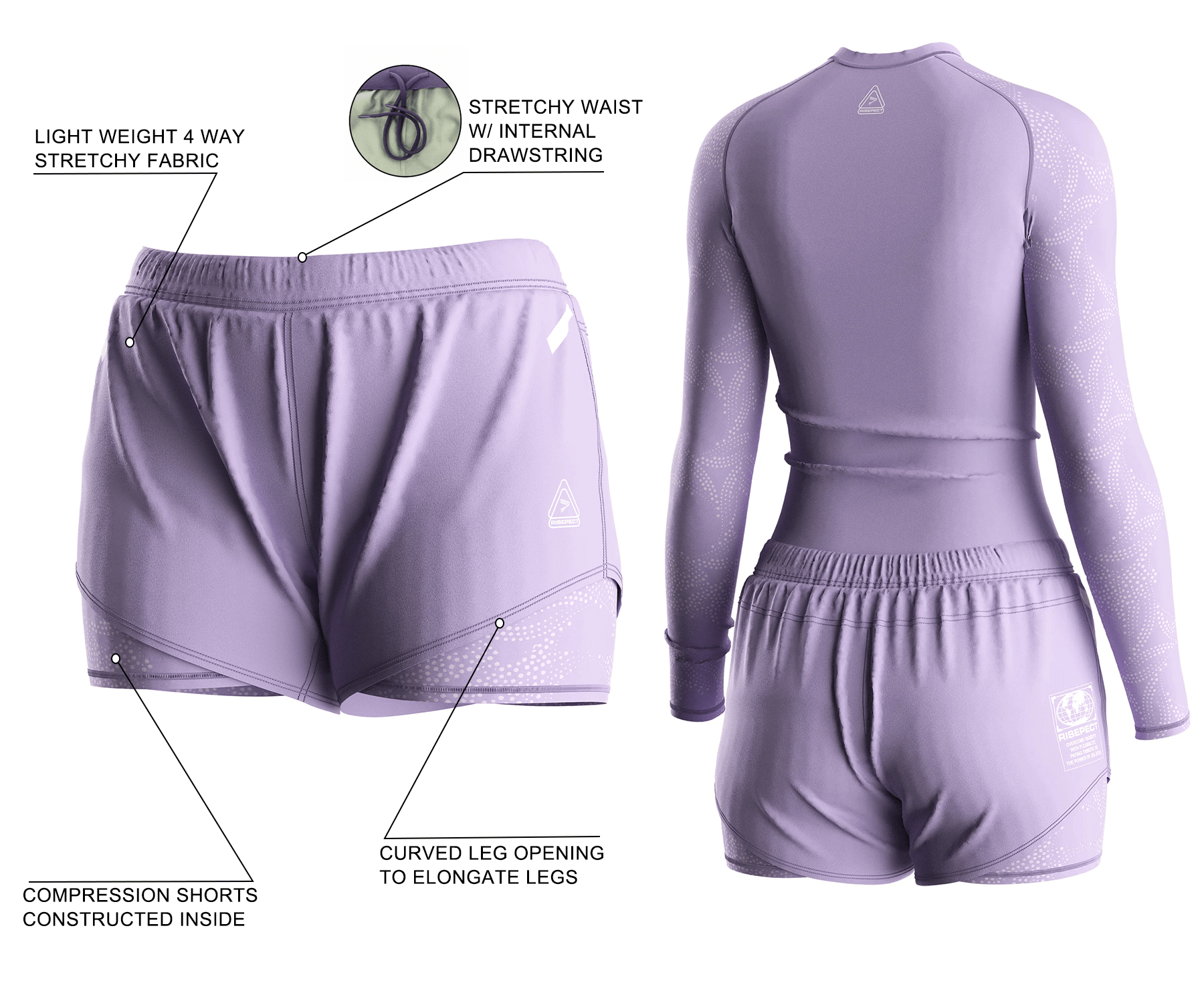 Women's BJJ MMA 2 in 1 double shorts with full sublimated design, lightweight 4-way stretch fabric, elastic waistband with internal drawstring, curved leg opening, built-in compression liner, plus matching women's long sleeve rash guard and double shorts set back view.