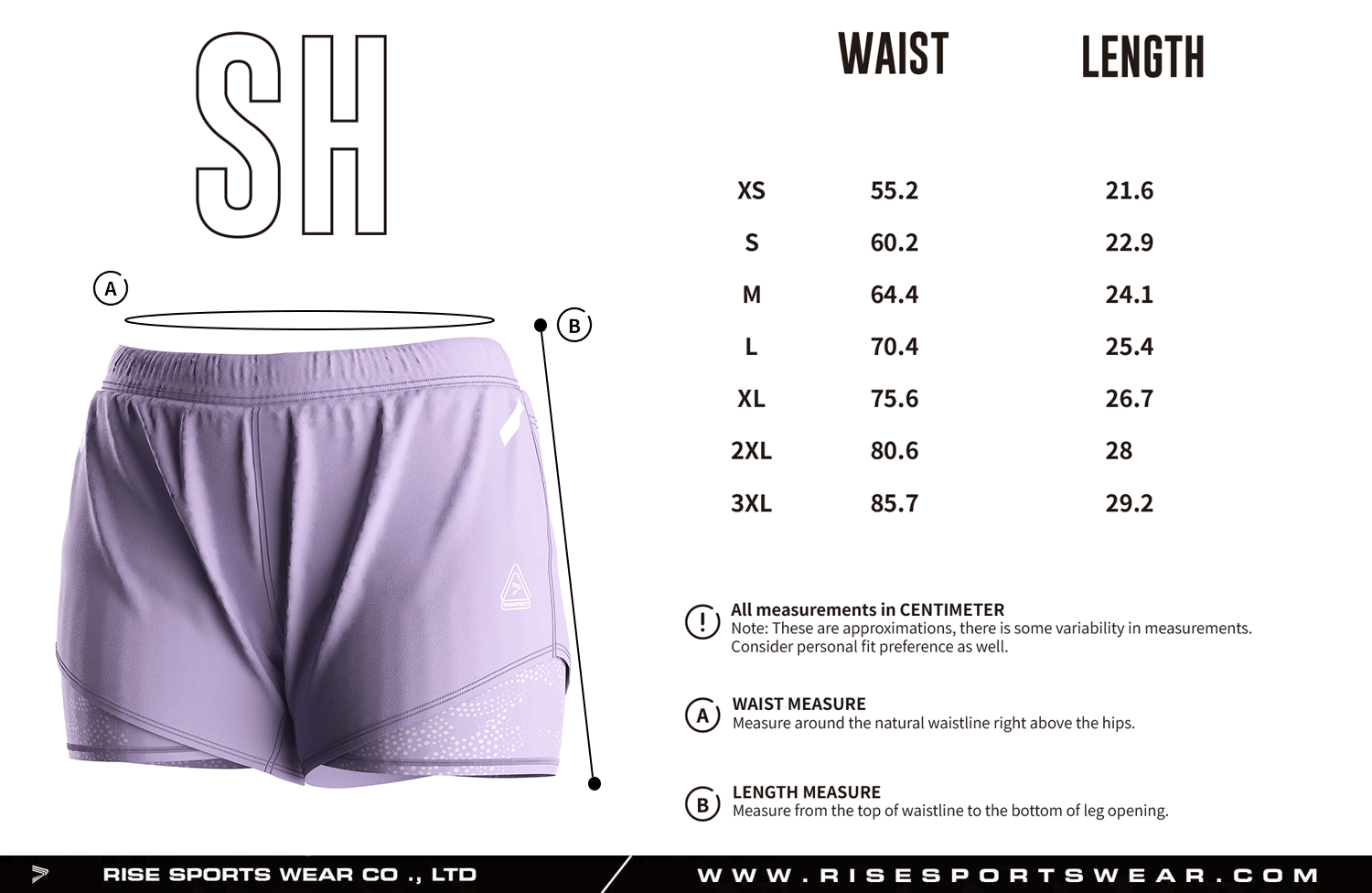 Women's BJJ MMA double shorts adult size chart with custom private label sizing support, suitable for OEM fightwear brands and team-branded 2 in 1 shorts production.