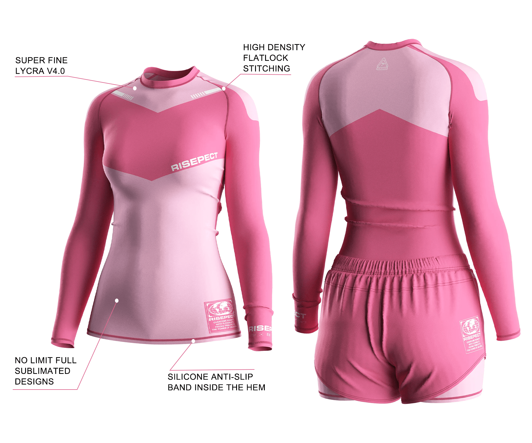 Women's long sleeve BJJ rash guard 1.0 worn by female model back view with 3D front design highlighting lycra rash guard fabric, flatlock stitching, and anti-slip silicone hem