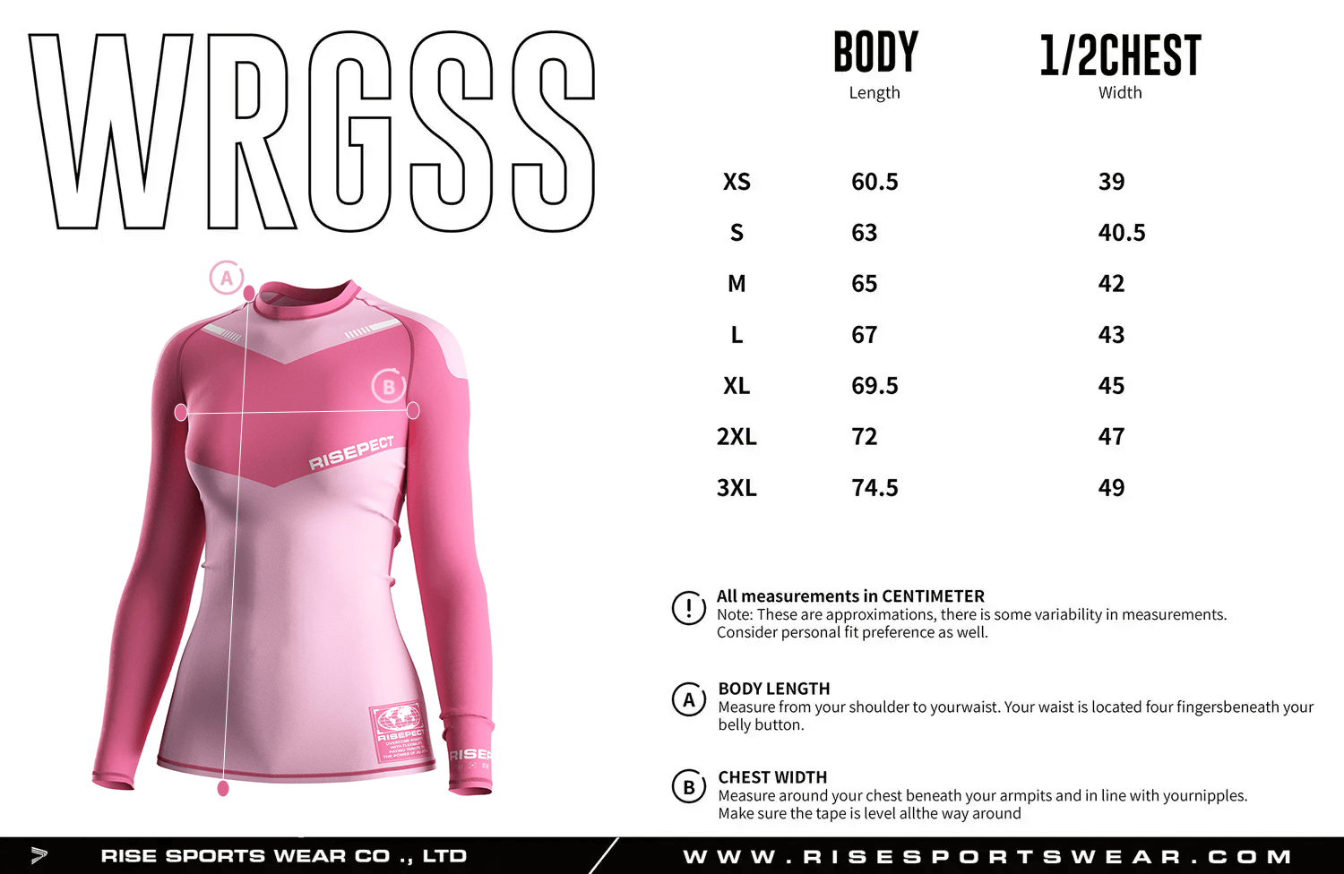 Women's long sleeve BJJ rash guard 1.0 size chart for adults with custom BJJ rash guard sizing options for private label brands