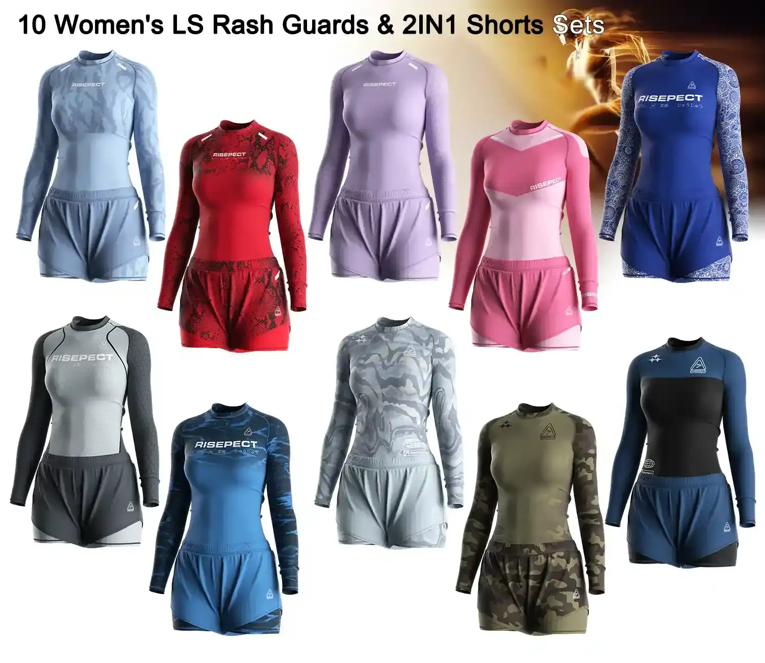 10 women's long sleeve rash guard and 2 in 1 shorts sets