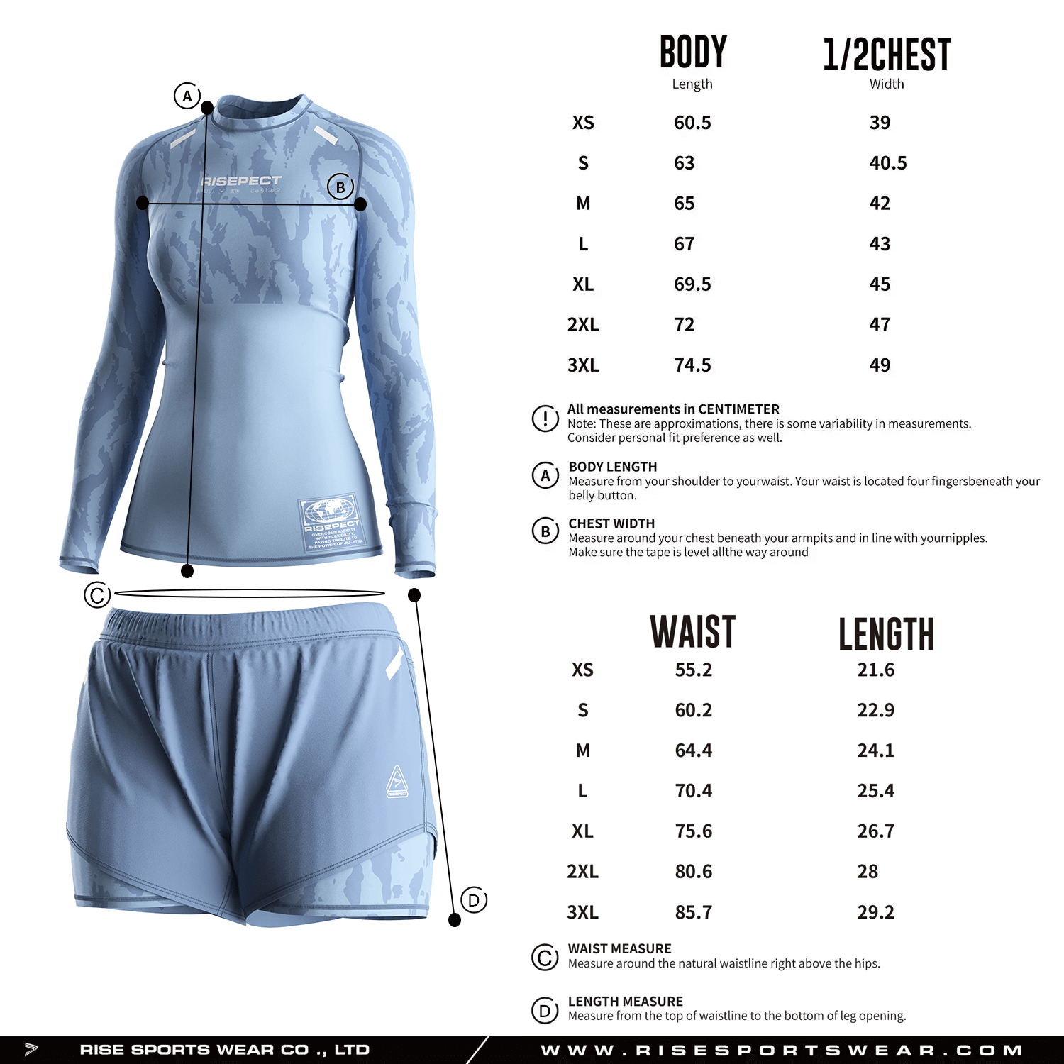 Women's BJJ set size chart for adults with custom BJJ rash guard and double shorts sizing options for private label brands, team, or club