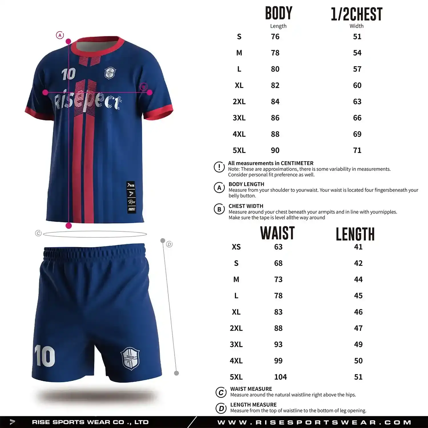 Adult sizes chart for soccer team uniform set