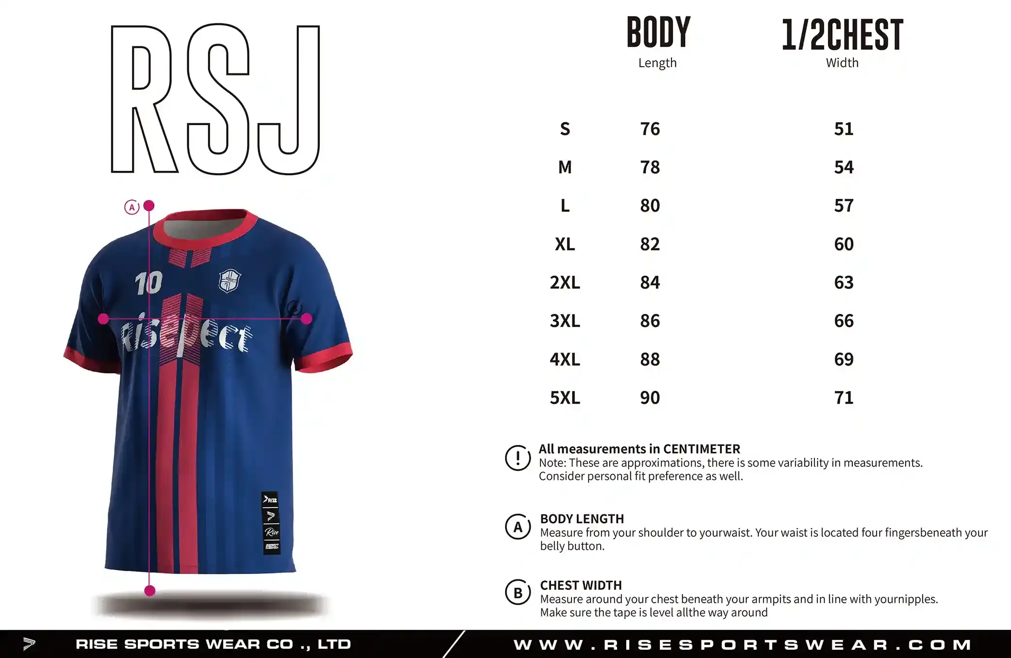 Use adult sizes chart provided by Rise Sportswear, or custom your brand, team, or club adult sizes chart for soccer team jersey.