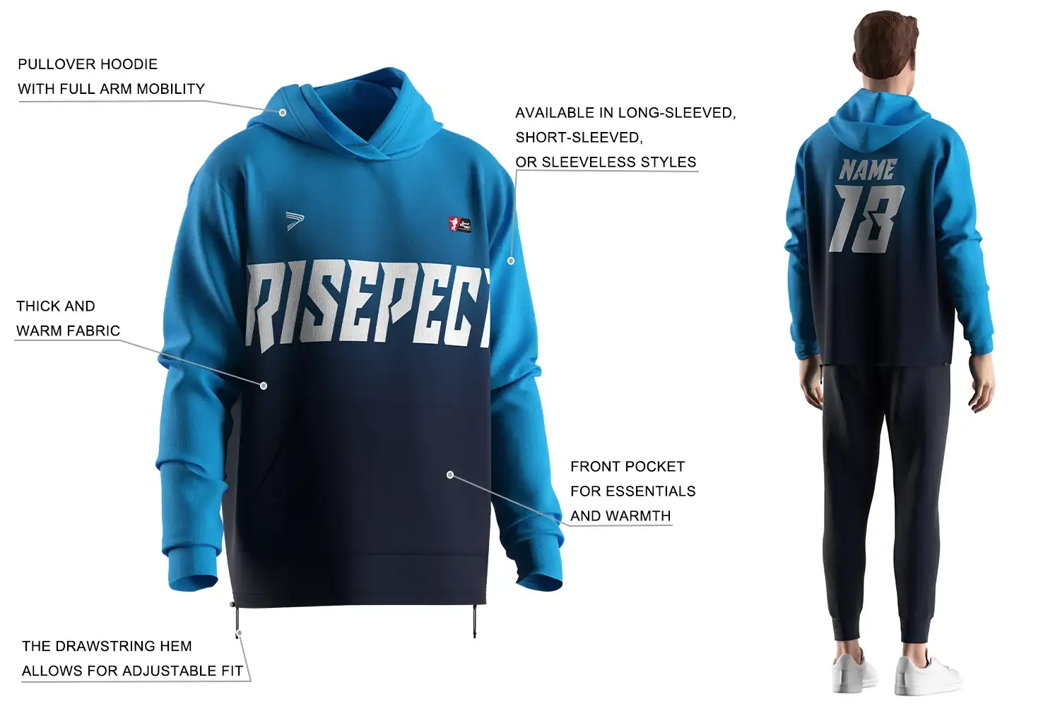 Baseball hoodie features thick warm fabric adjustable drawstring hem and front pocket. And model wearing baseball hoodie back view.