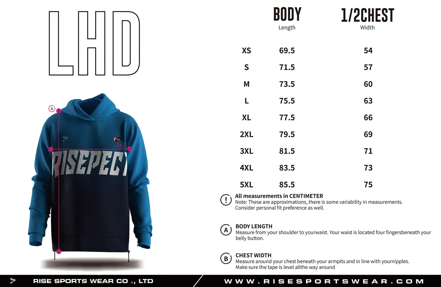 Use long sleeve baseball hoodie adult sizes chart provided by Rise Sportswear, or custom your brand, club, or team adult sizes chart for long sleeve baseball hoodie.