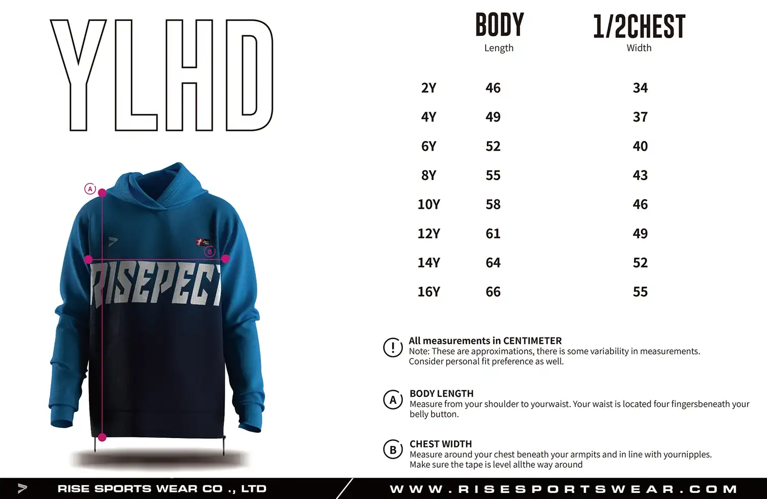 Use long sleeve baseball hoodie youth sizes chart provided by Rise Sportswear, or custom your brand, club, or team youth sizes chart for long sleeve baseball hoodie.