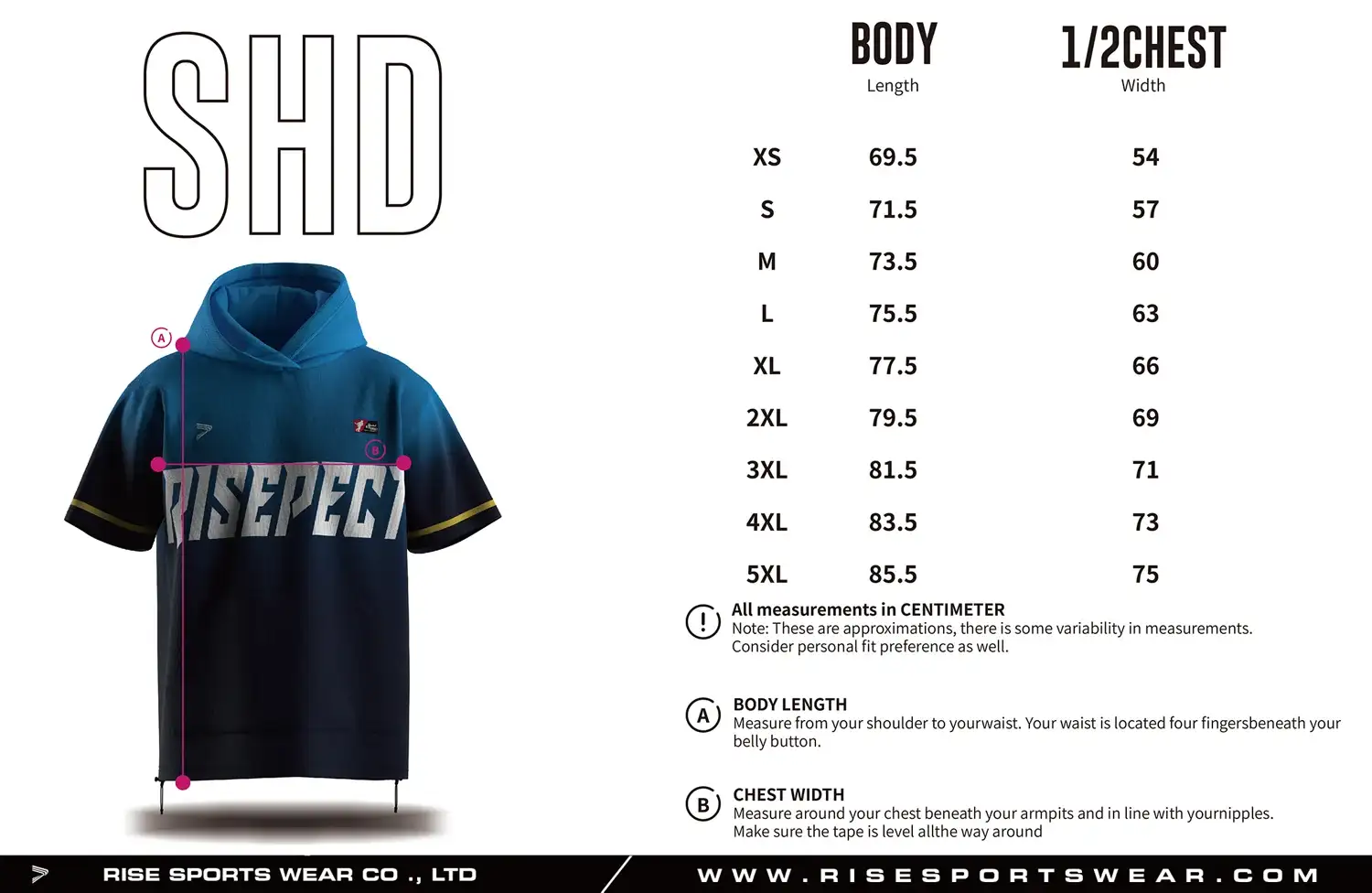 Use short sleeve baseball hoodie adult sizes chart provided by Rise Sportswear, or custom your brand, club, or team adult sizes chart for short sleeve baseball hoodie.