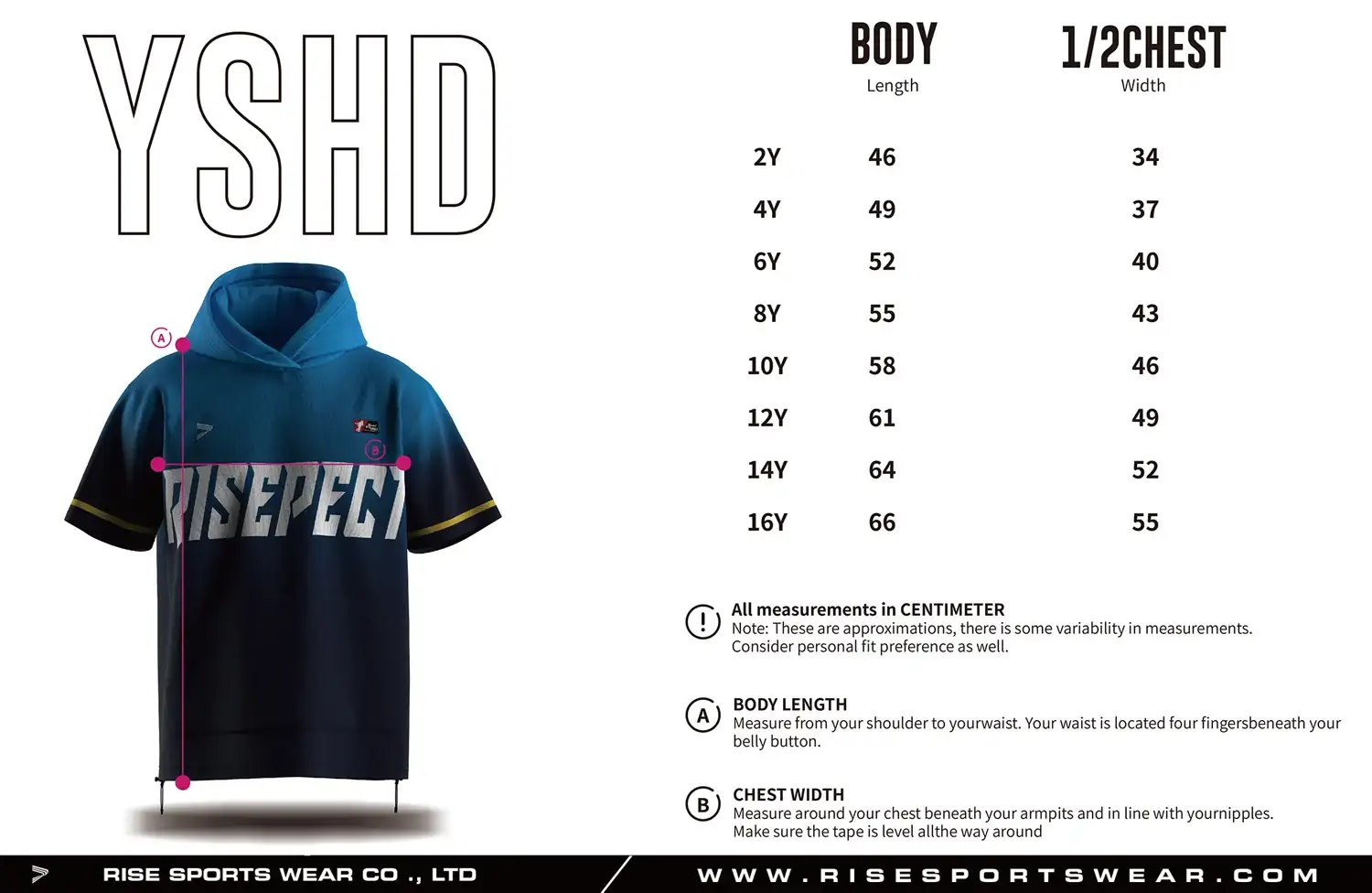 Use short sleeve baseball hoodie youth sizes chart provided by Rise Sportswear, or custom your brand, club, or team youth sizes chart for short sleeve baseball hoodie.