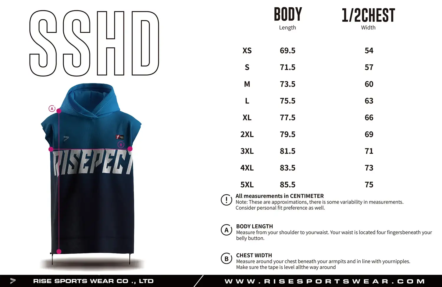 Use sleeveless baseball hoodie adult sizes chart provided by Rise Sportswear, or custom your brand, club, or team adult sizes chart for sleeveless baseball hoodie.