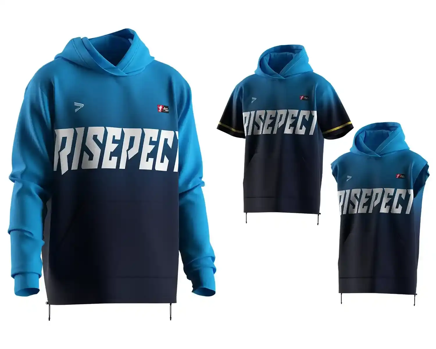 3 Styles Baseball Hoodie W/ Drawstring Hem Blue Gradient To Black One Design, Three Sleeve Styles: Long Sleeve, Short Sleeve, Sleeveless
