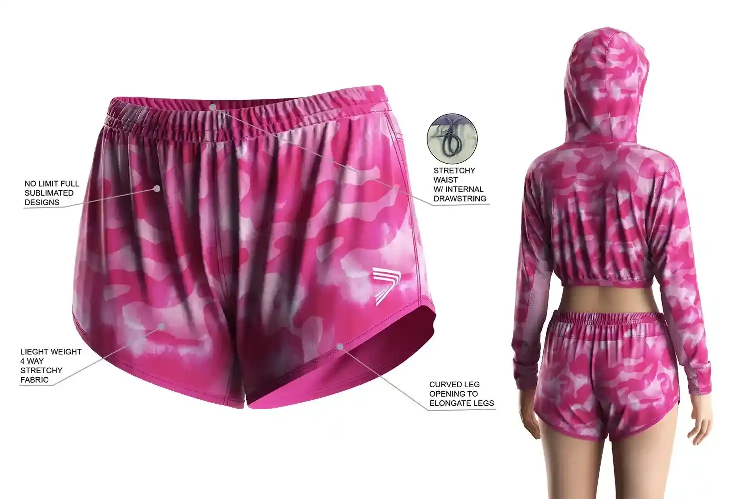 The features of women's fishing shorts: Curved hem side opening for better mobility; elastic waistband with inner adjustable drawstring; lightweight, breathable 4-way stretch performance fabric; no limited sublimation printing capability; and durable, colorfast fabric ideal for outdoor wear.