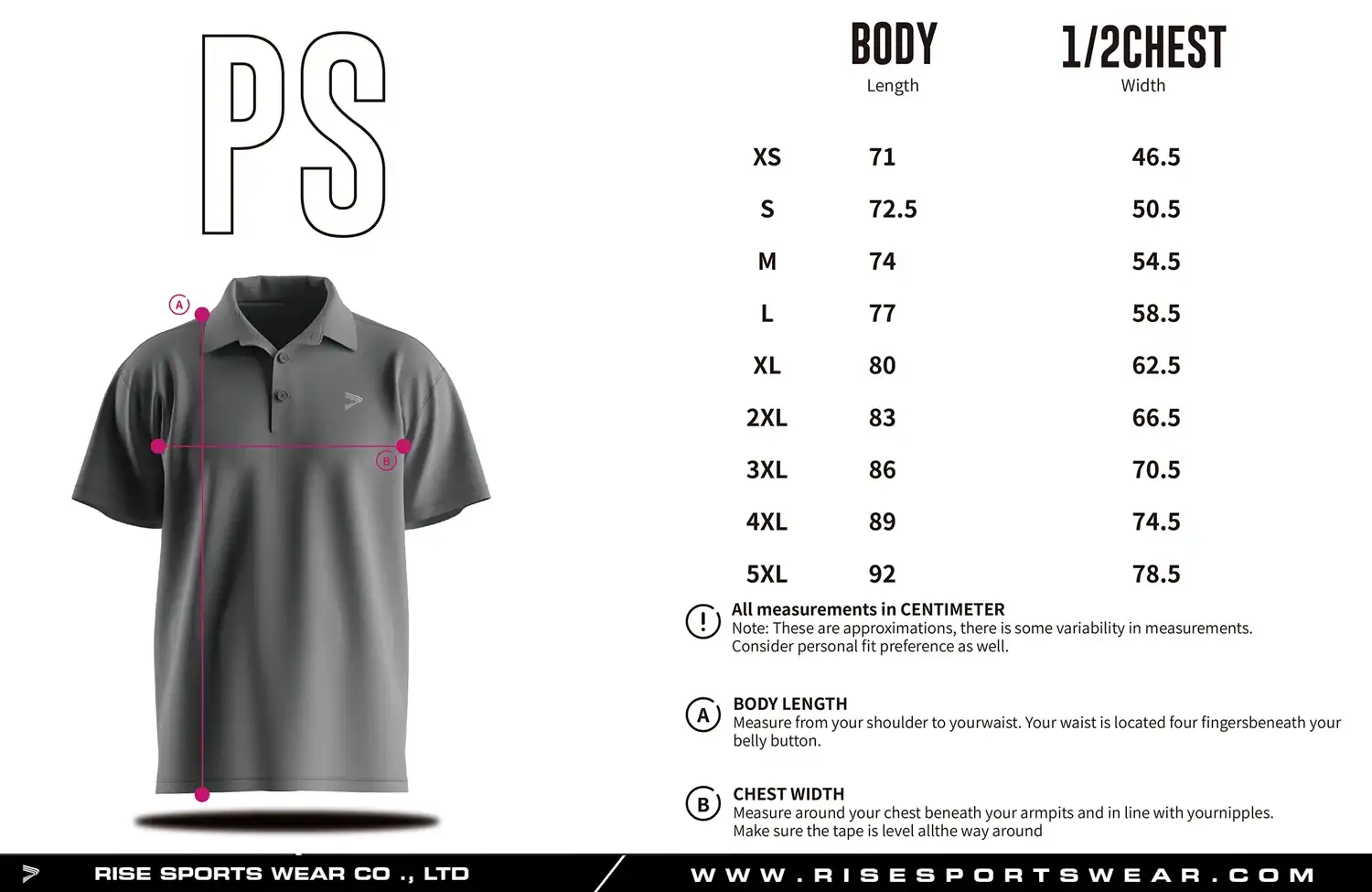 Use men's relaxed fit polo sizes chart provided by Rise Sportswear, or custom your brand, team, or club men's sizes chart for relaxed fit polo shirt.