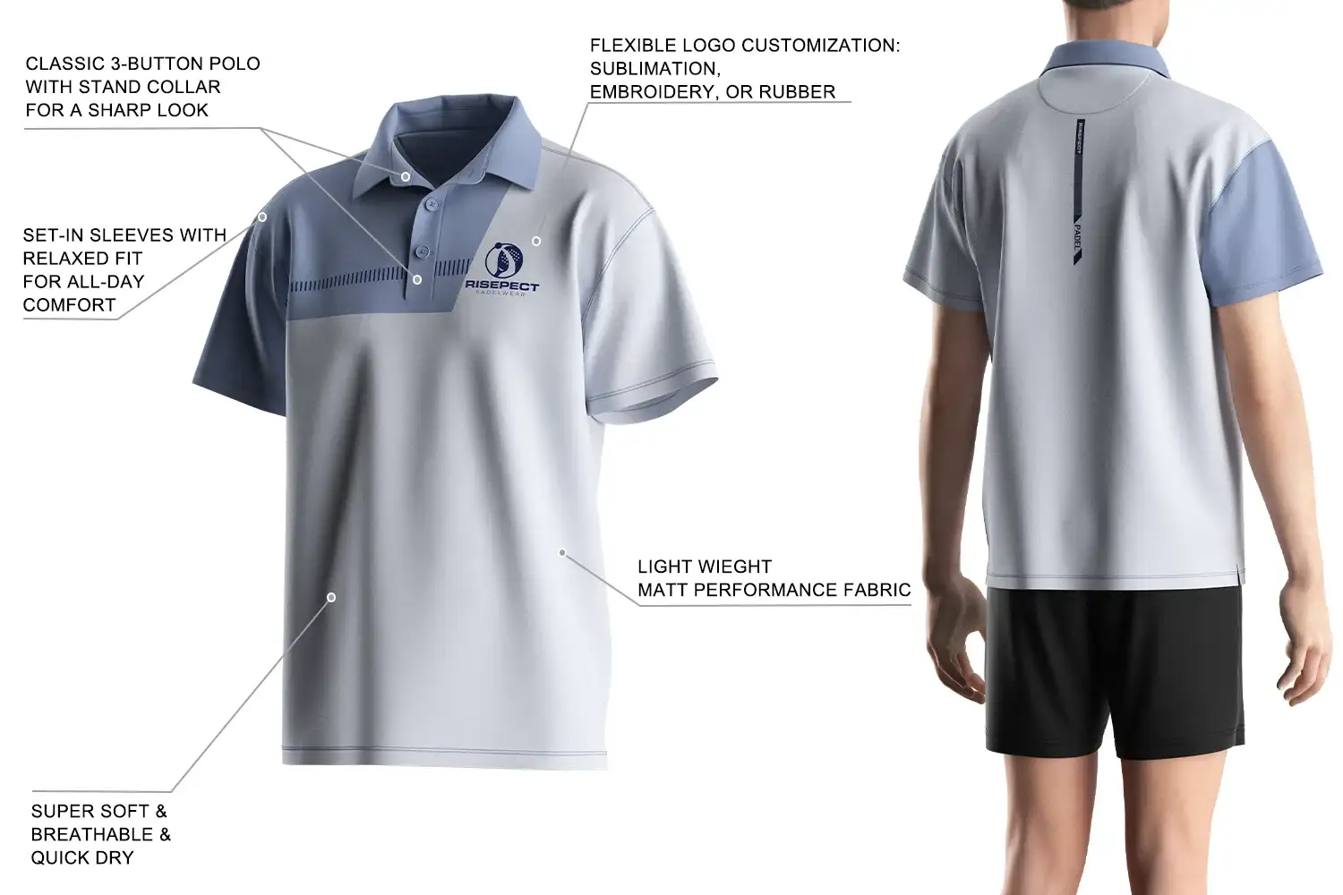 The men's padel polo shirt features: super soft, breathable, and quick dry; light weight Matt performance fabric; flexible logo customization: sublimation, embroidery, or rubber; set-in sleeves with relaxed fit for all-day comfort; classic 3-buttons polo with stand collar for a sharp look.