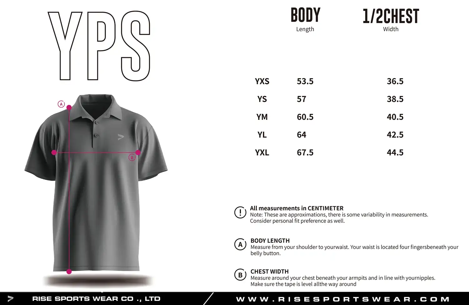 Use youth relaxed fit polo sizes chart provided by Rise Sportswear, or custom your brand, team, or club youth sizes chart for relaxed fit polo shirt.