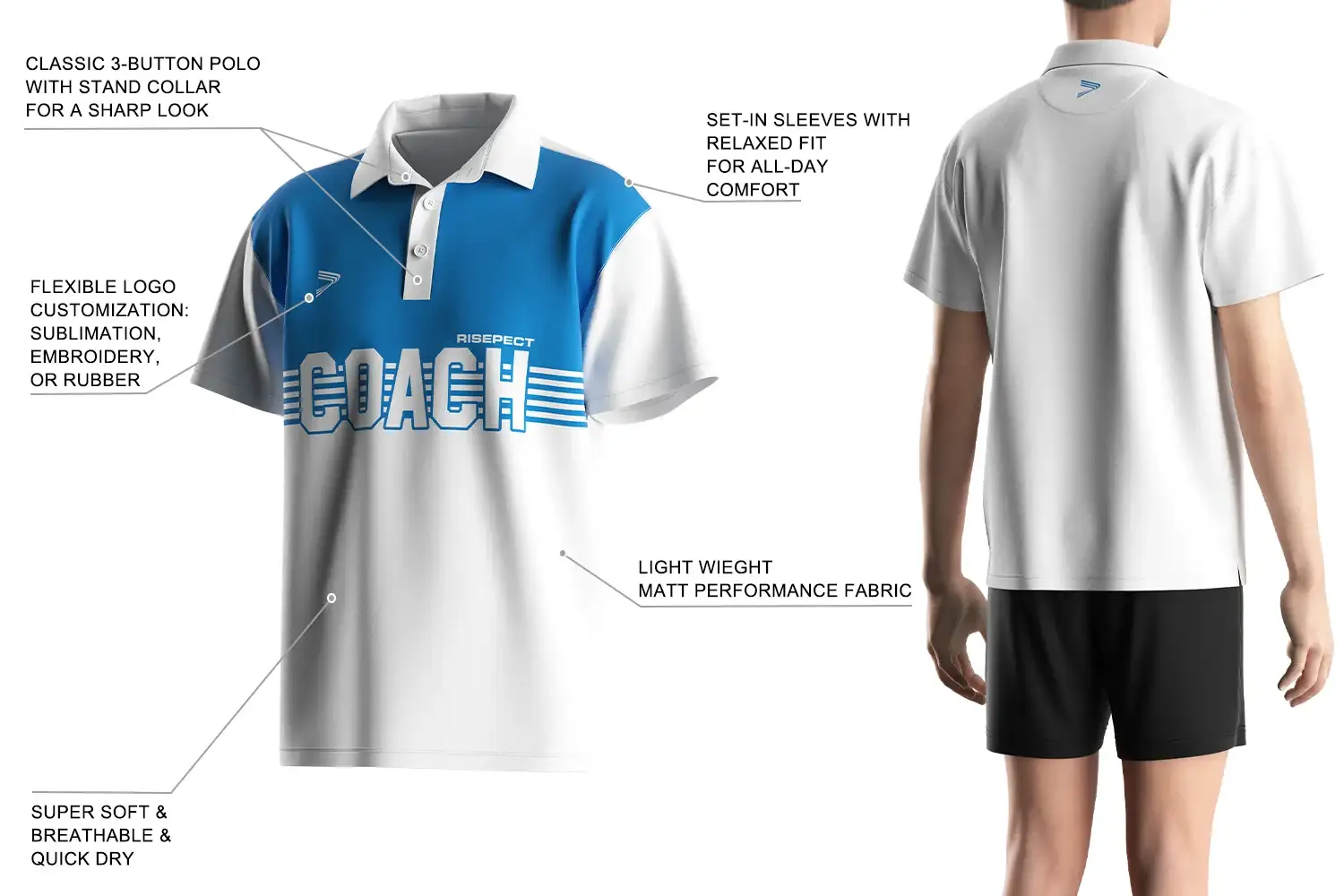 Men's coach polo shirt features: Set-in sleeves with relaxed fit for all-day comfort; light weight Matt performance fabric; classic 3 buttons polo with stand collar for a sharp look; flexible logo customization: sublimation, emebroidery, or rubber.