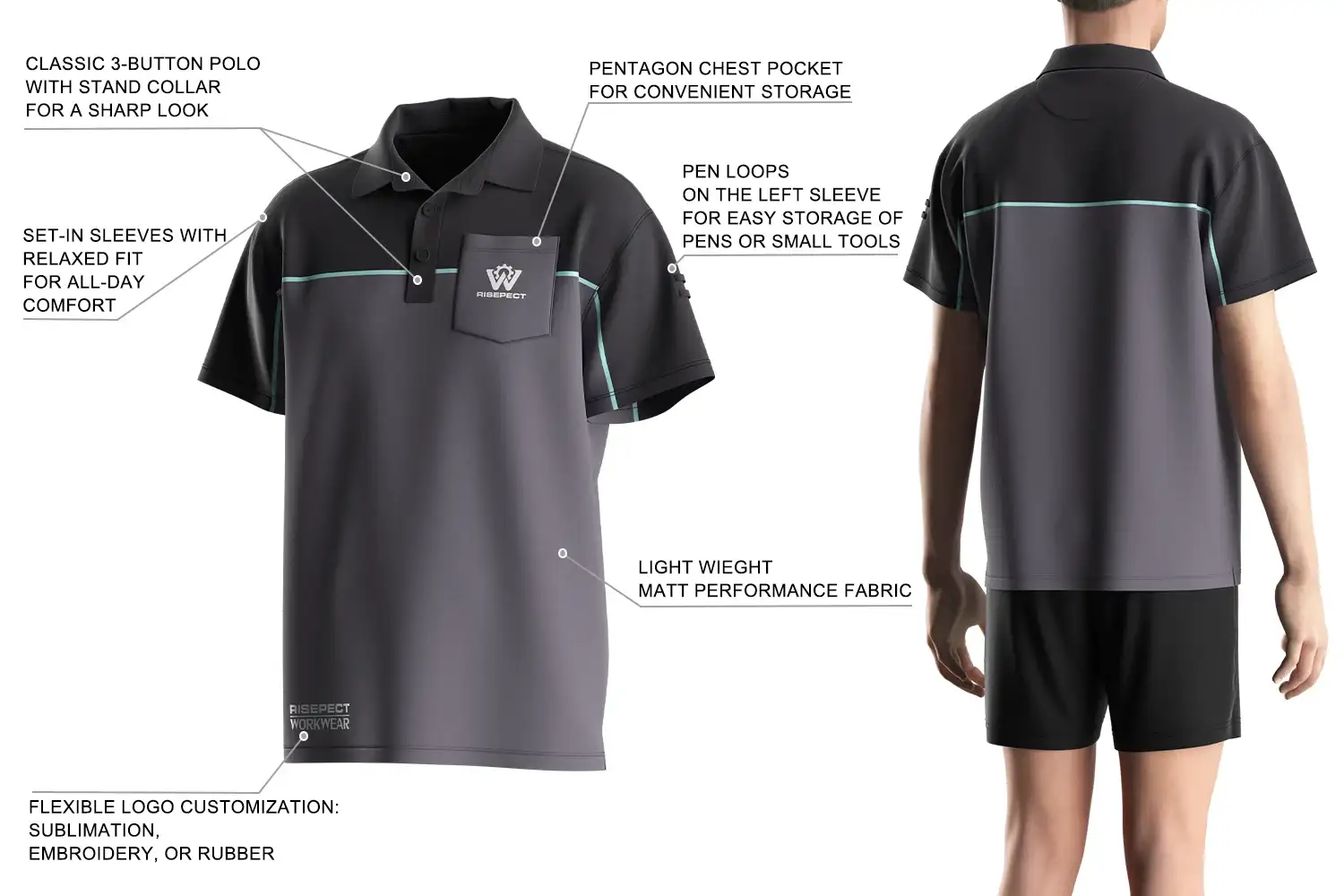The men's work polo shirt features: Classic 3 buttons polo with stand collar for a sharp look; set-in sleeves with relaxed fit for all-day comfprt; pentagon chest pocket for convenient storage; pen loops on the left sleeve for easy storage of pens or small tools; light weight Matt performance fabric; flexible logo customization: sublimation, embroidery, or rubber.