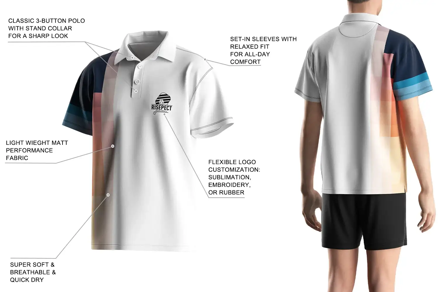 Men's pickleball polo shirt features: Classic 3 buttons polo with stand collar for a sharp look; set-in sleeves with relaced for all-day comfort; light weight Matt performance fabric; flexible logo customization: sublimation, embroidery, or rubber; super soft and breathable and quick dry.