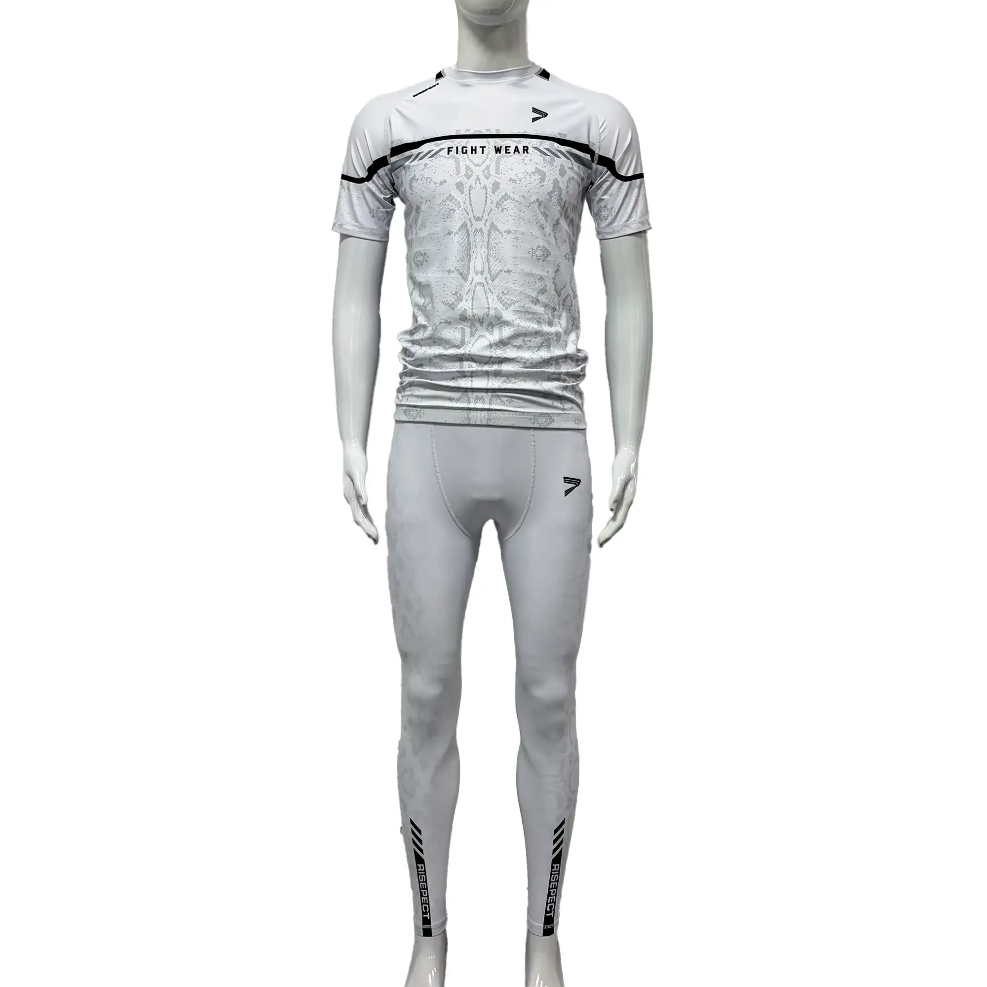 White Python BJJ Short Sleeve Rash Guard and Spats Training Legging Set Front View