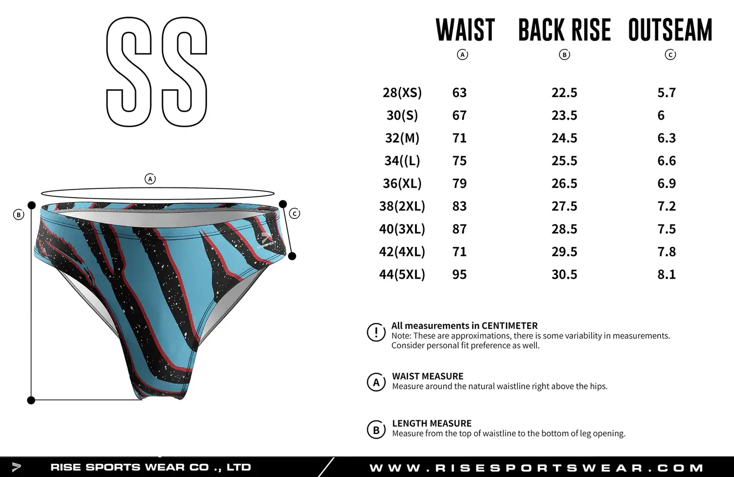 Use men's swim briefs sizes chart provided by Rise Sportswear, or custom your brand, club, or team men's sizes chart for swim briefs.