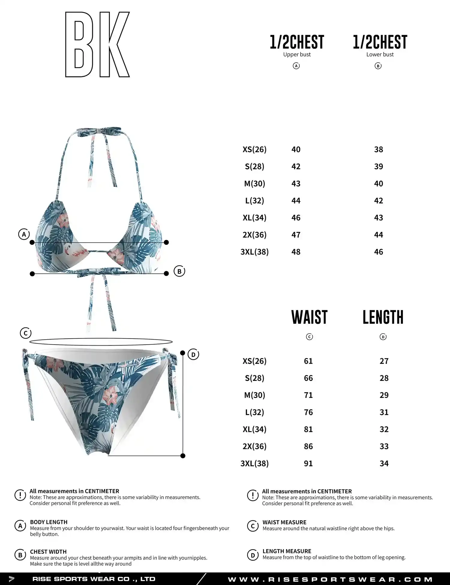 Use women's string bikini top and bottom sizes chart provided by Rise Sportswear, or custom your brand, club, or team sizes chart for women's string bikini top and bottom.