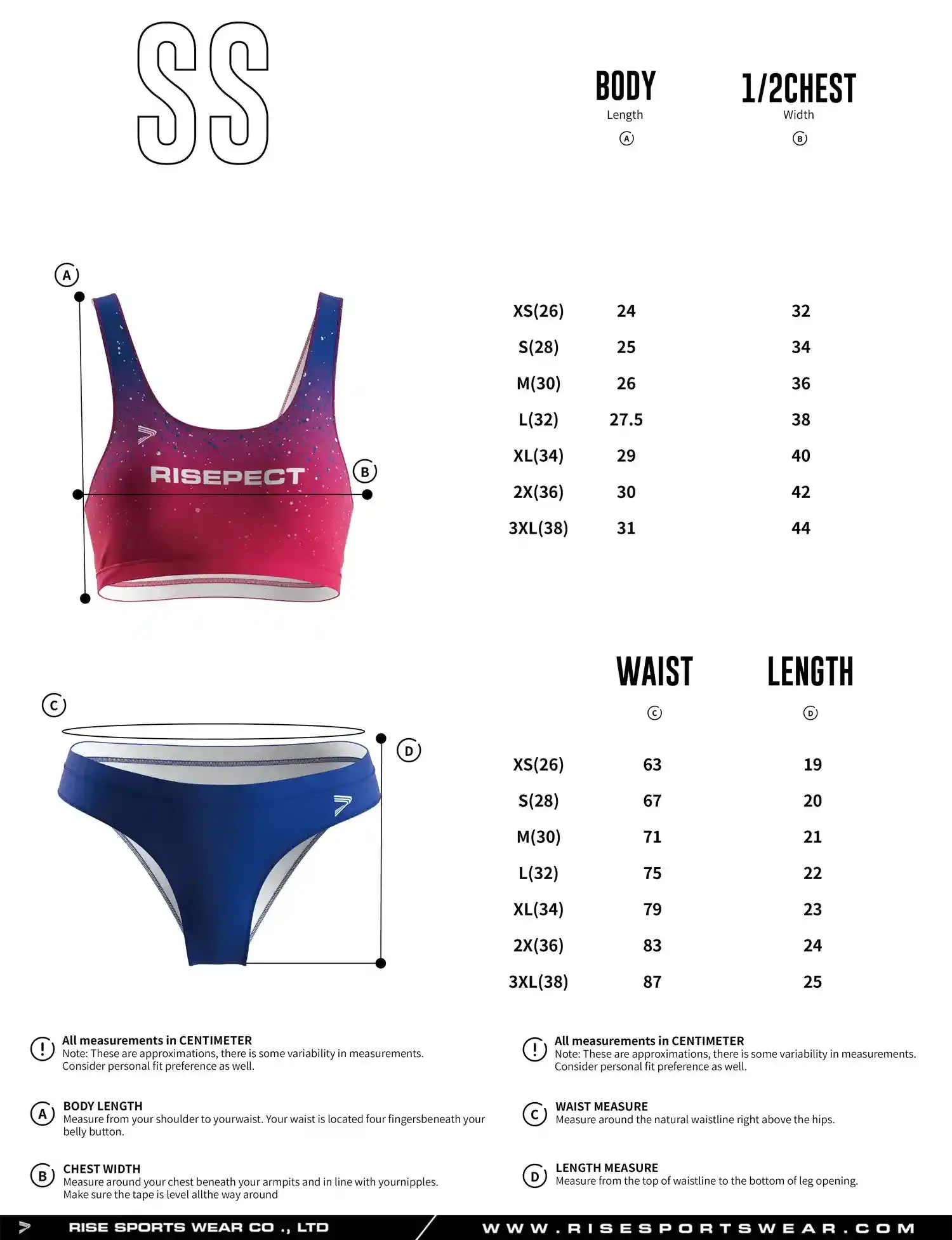 Use women's tankini sizes chart provided by Rise Sportswear, or custom your brand, club, or team sizes chart for women's tankini.