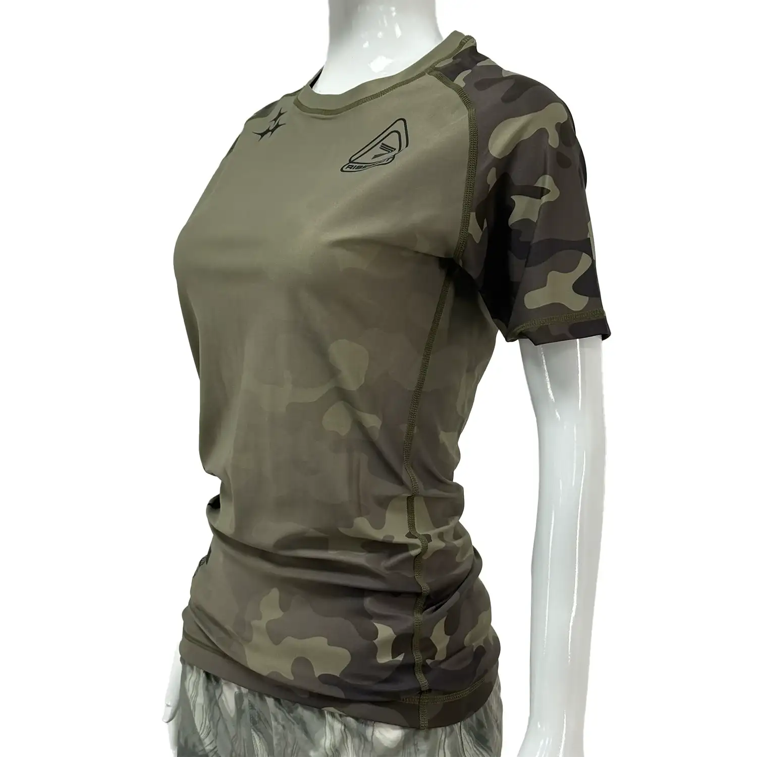 Women's camo bjj rash guard short sleeve front side view