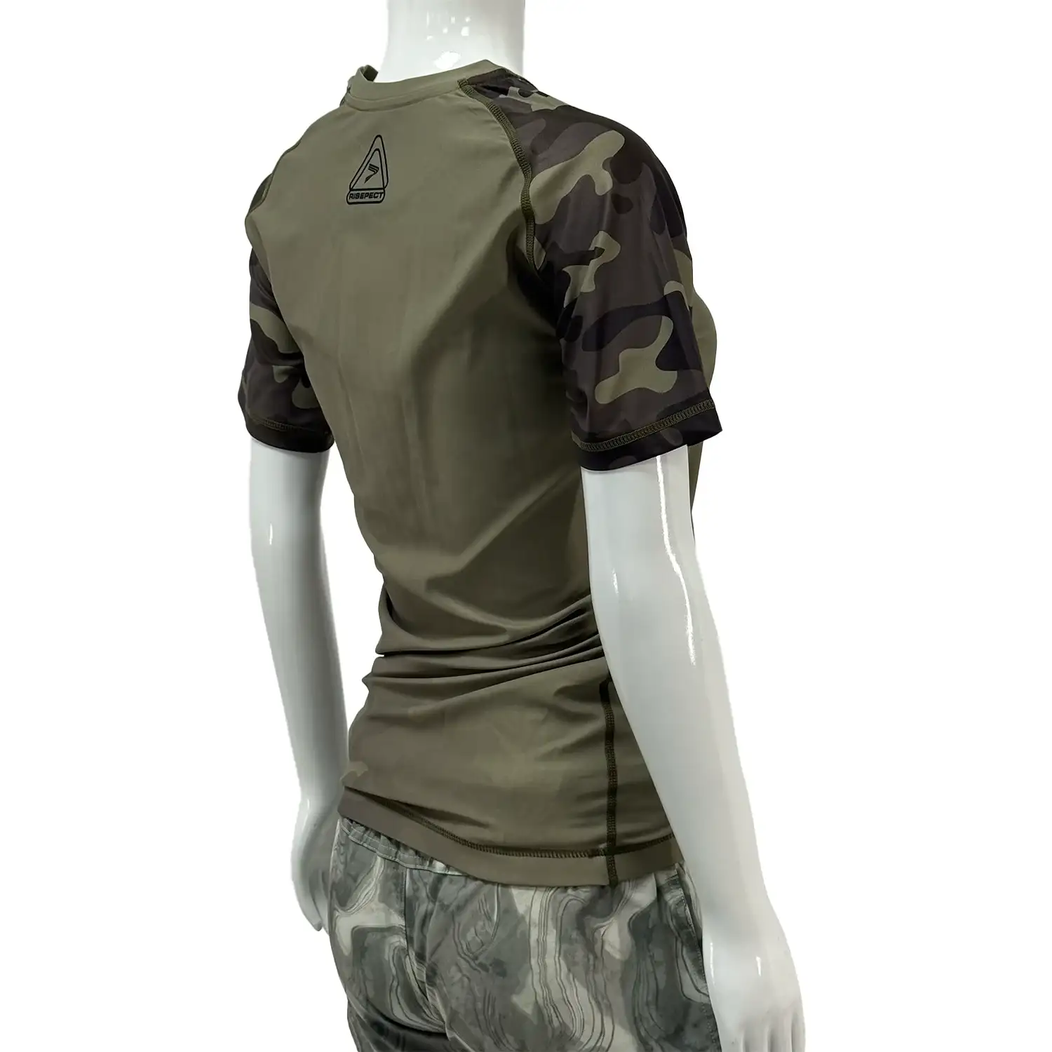 Women's camo bjj rash guard short sleeve back side view