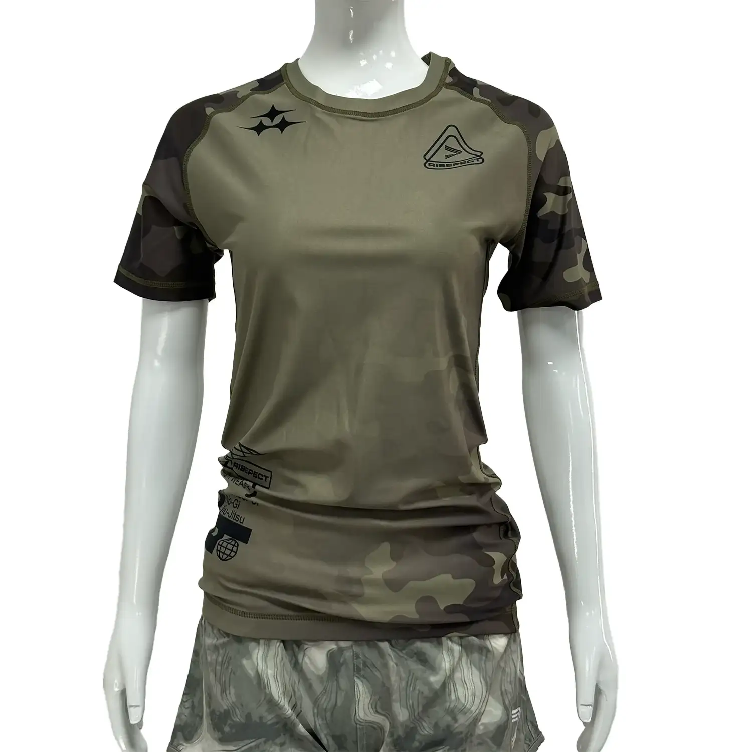 Women's camo bjj rash guard short sleeve front view