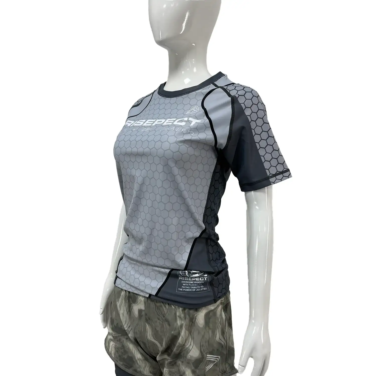 Women's light gray-green honeycomb bjj rash guard long sleeve front side view