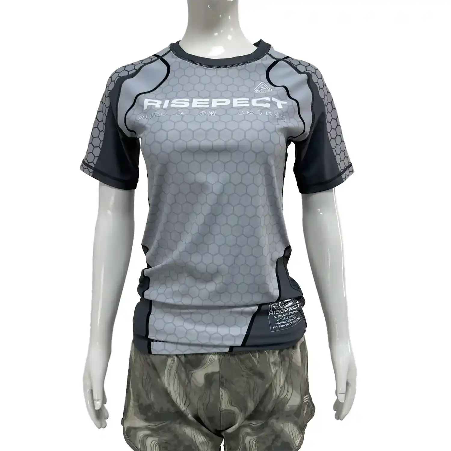 Women's light gray-green honeycomb bjj rash guard long sleeve front view