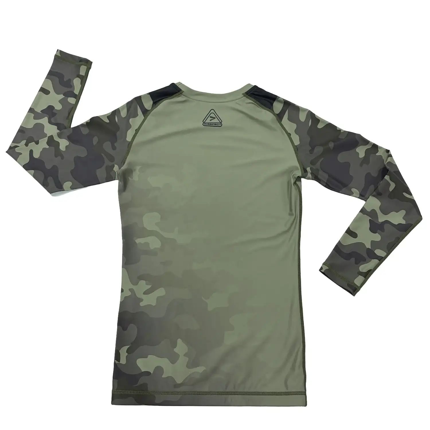 Women's olive camo long sleeve bjj rash guard 1.0 flat lay back view