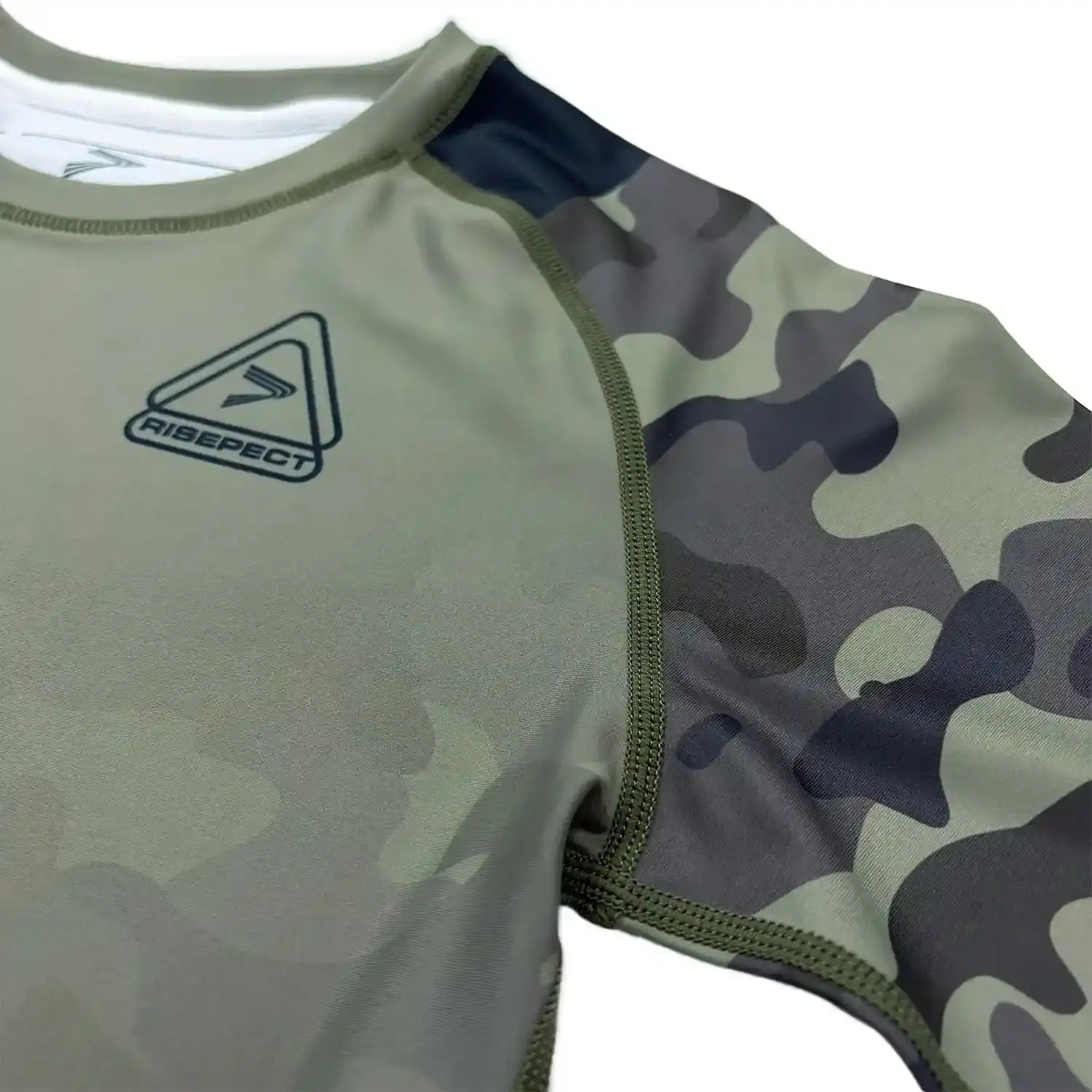 Women's olive camo long sleeve bjj rash guard 1.0 flat lock seam details