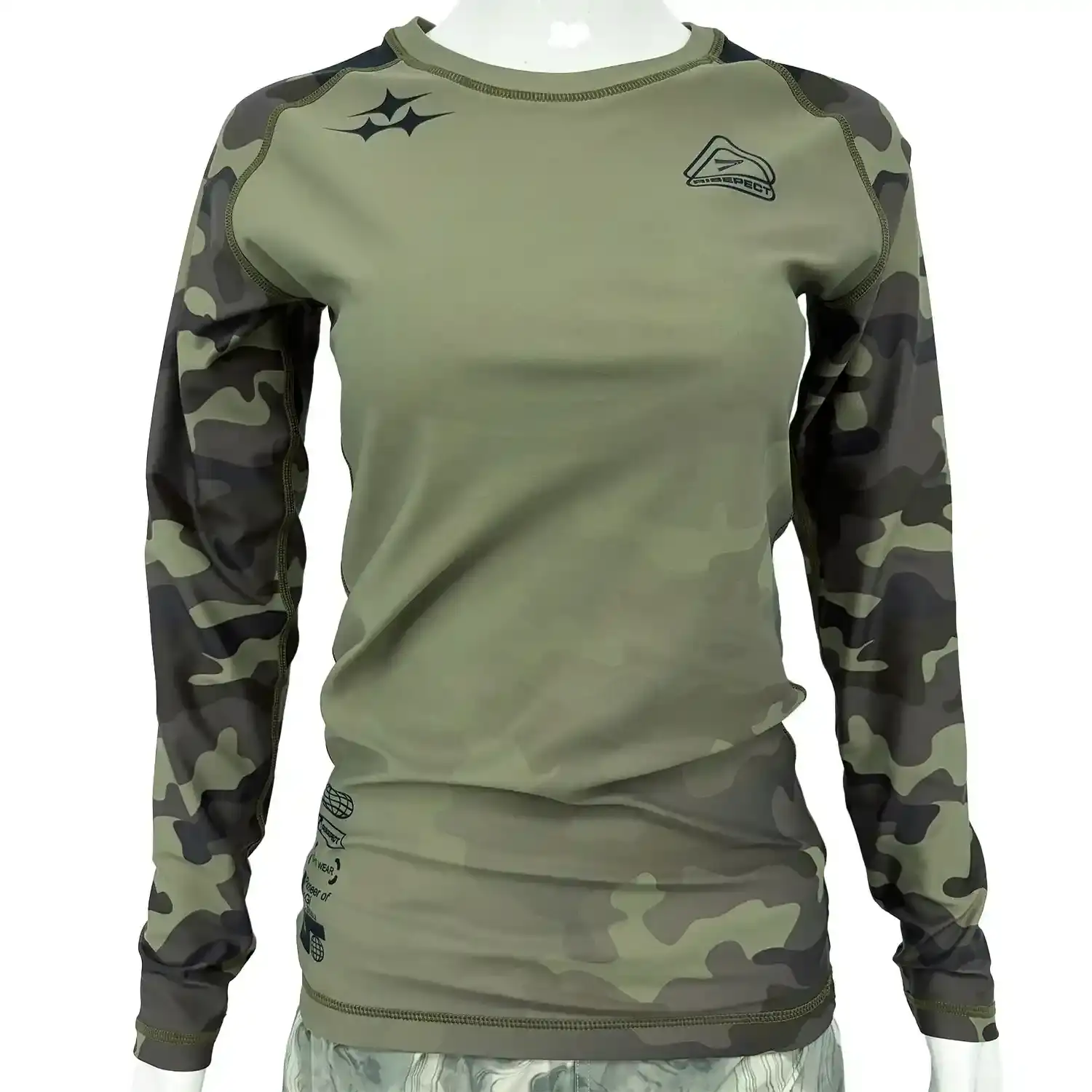 Women's olive camo long sleeve bjj rash guard 1.0 front view