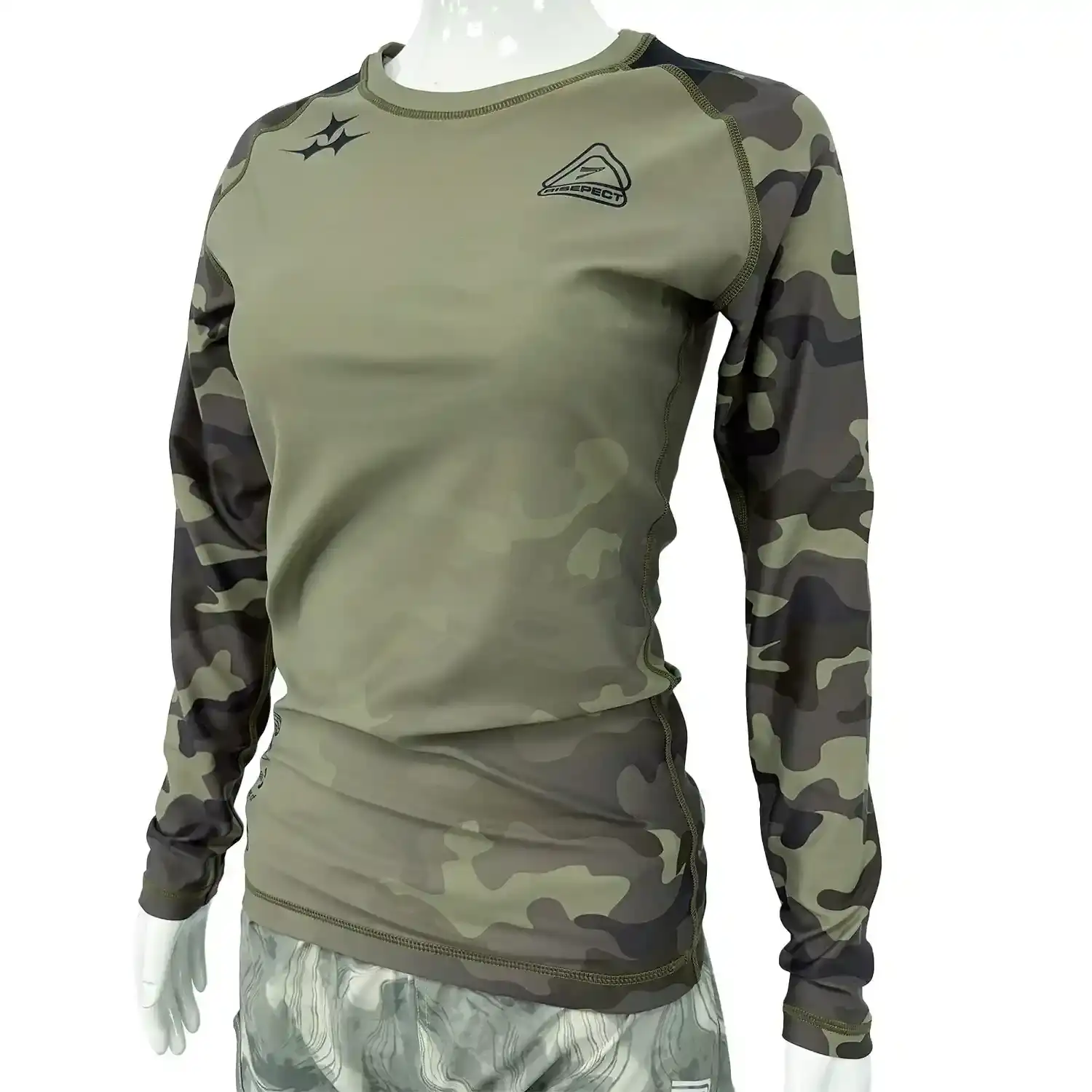 Women's olive camo long sleeve bjj rash guard 1.0 front side view