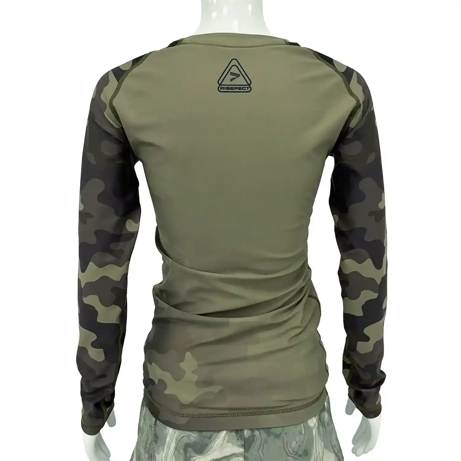 Women's olive camo long sleeve bjj rash guard 1.0 back view