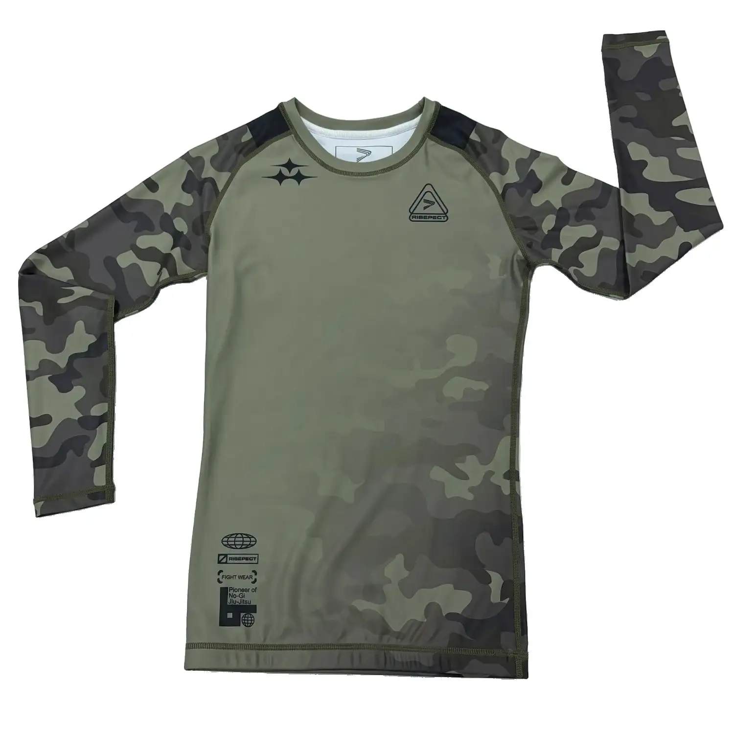 Women's olive camo long sleeve bjj rash guard 1.0 flat lay front view