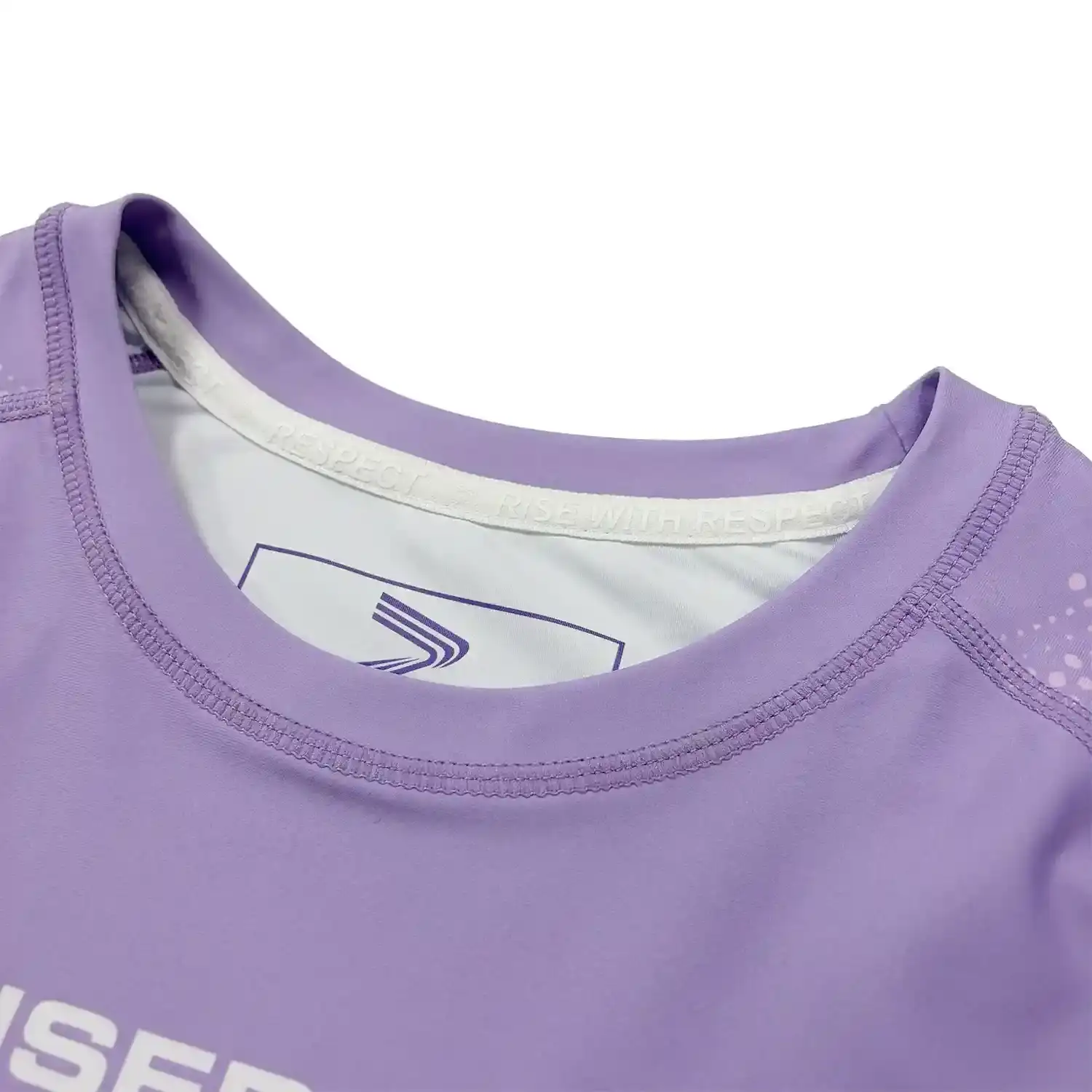 women's solid light purple bjj rash guard short sleeve neckline details